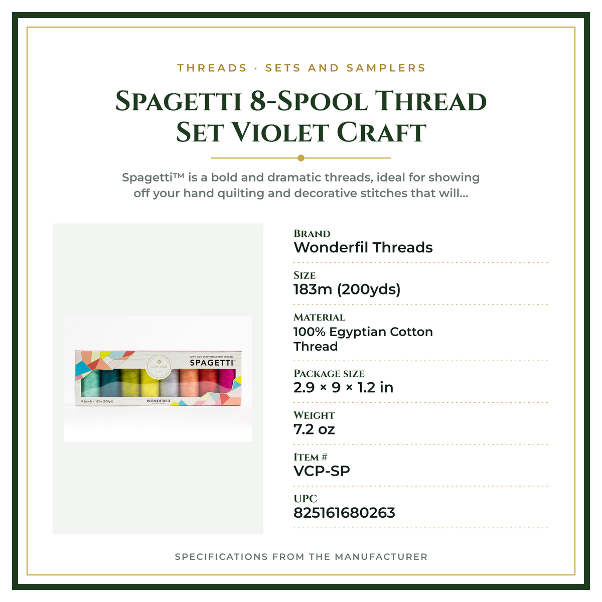 Product Specifications – Spagetti 8-Spool Thread Set Violet Craft