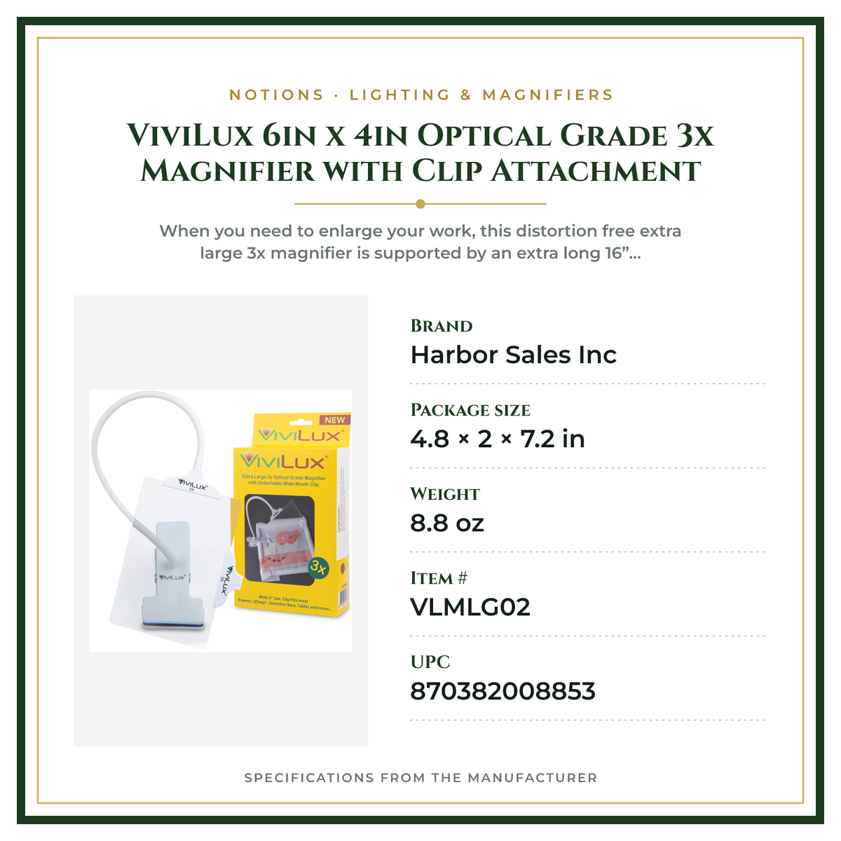 Product Specifications – ViviLux 6in x 4in Optical Grade 3x Magnifier with Clip Attachment