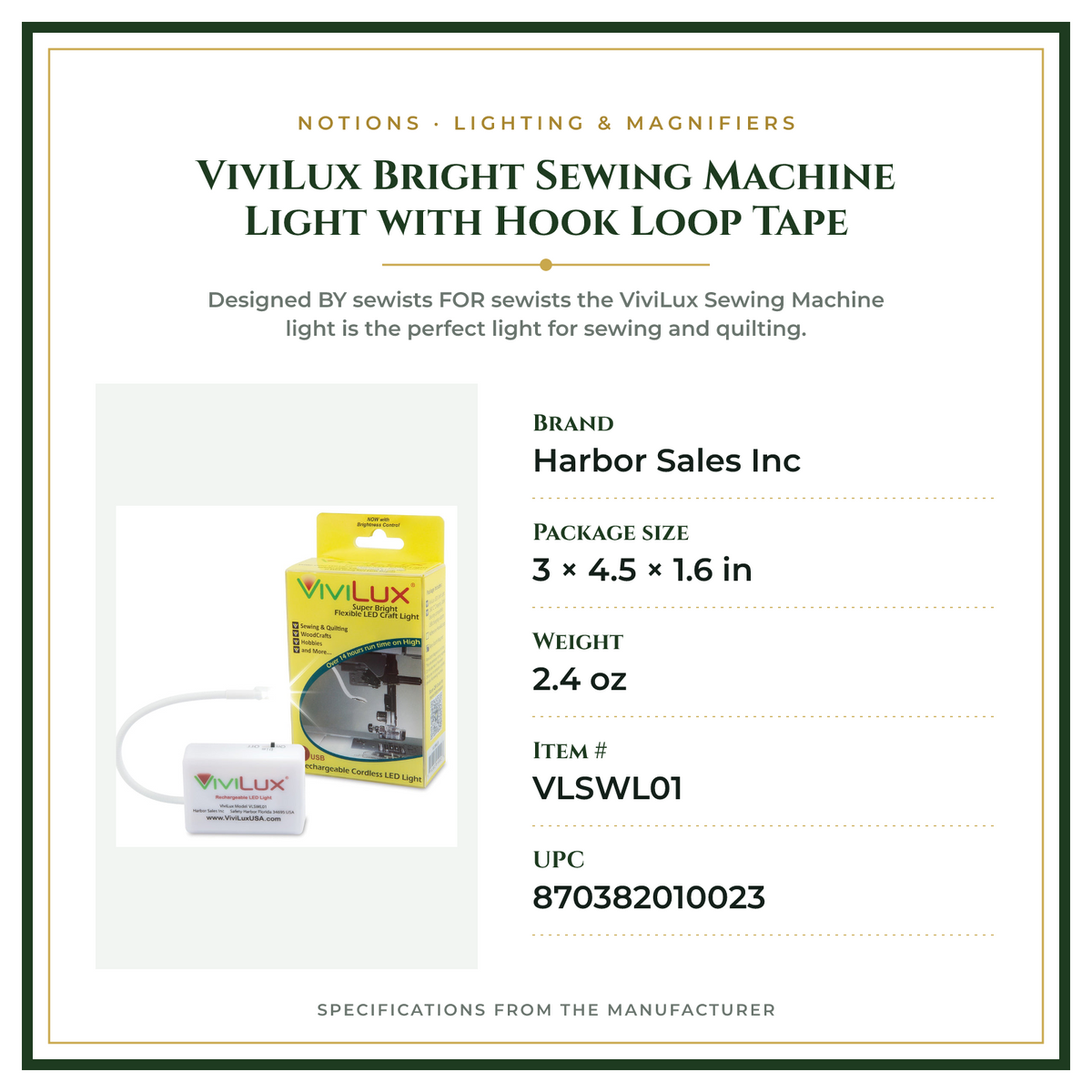 Product Specifications – ViviLux Bright Sewing Machine Light with Hook Loop Tape