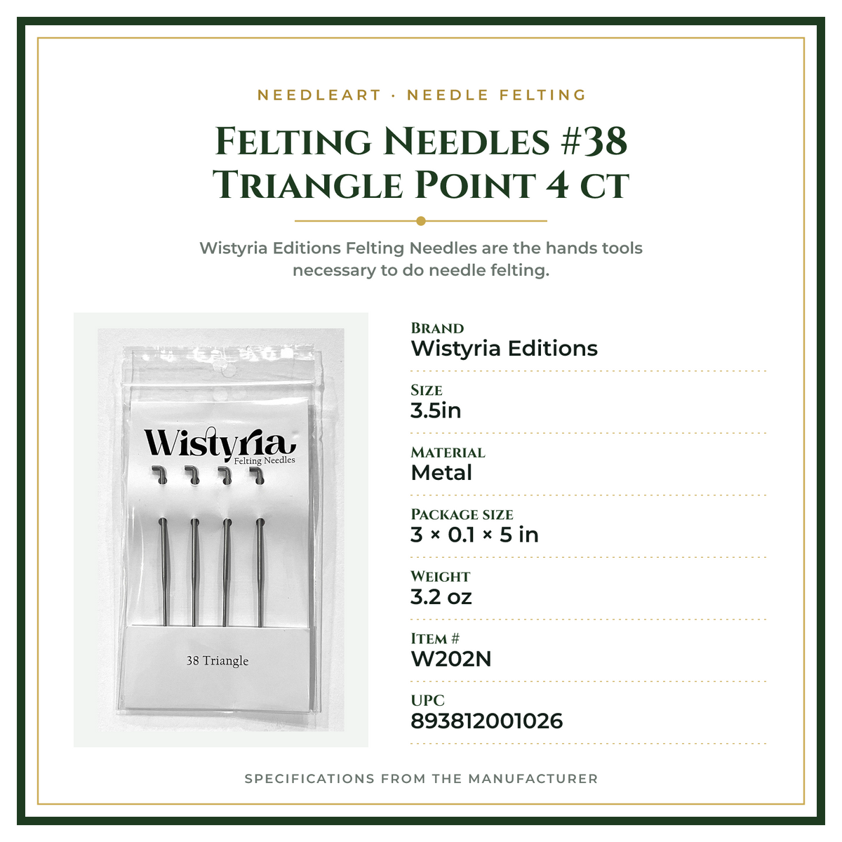 Product Specifications – Felting Needles #38 Triangle Point 4 ct