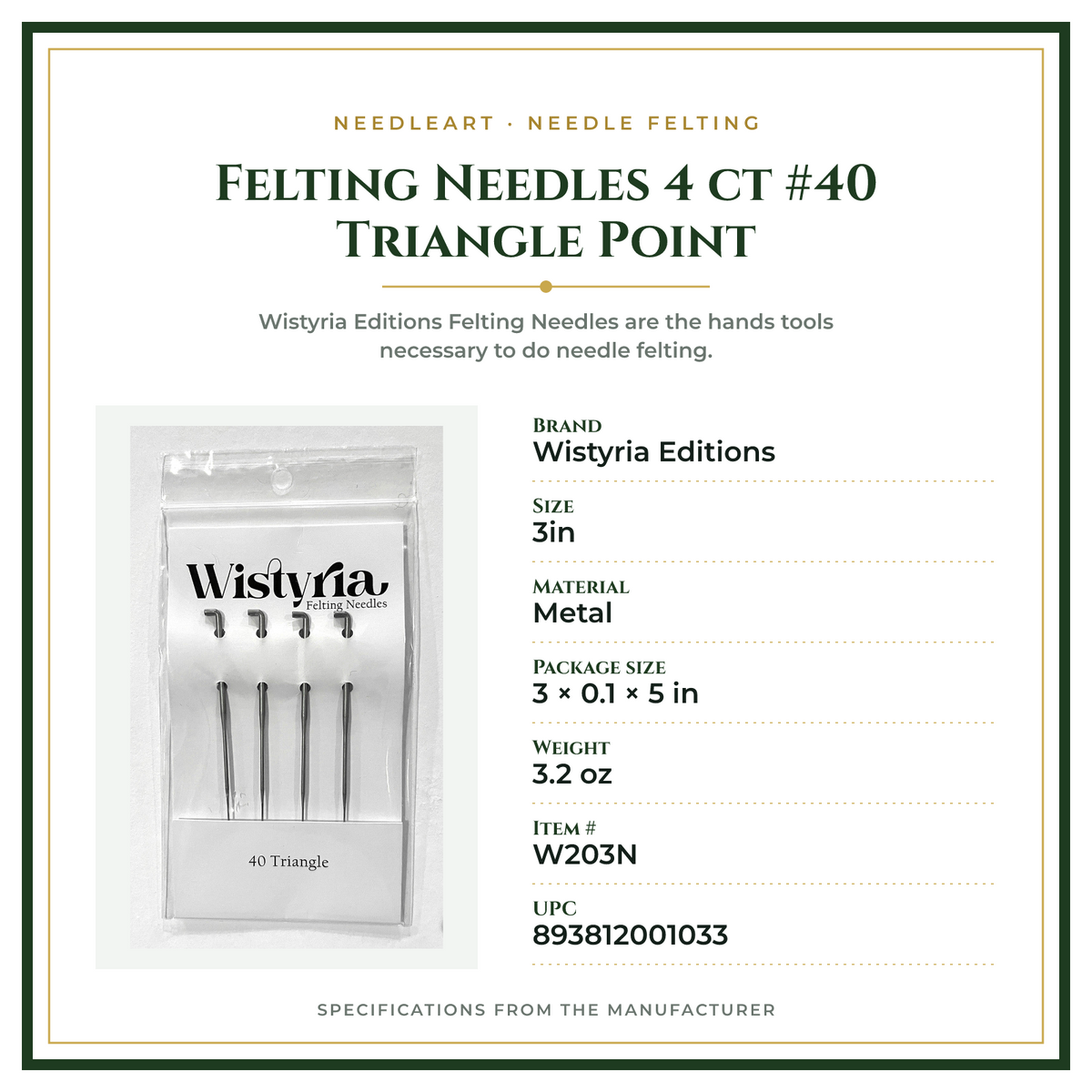 Product Specifications – Felting Needles 4 ct #40 Triangle Point