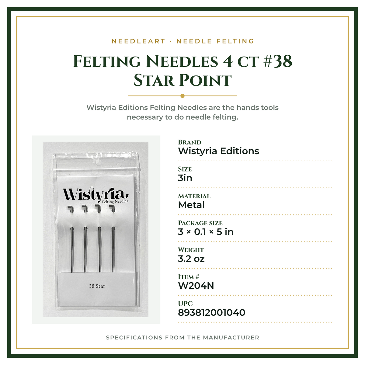 Product Specifications – Felting Needles 4 ct #38 Star Point