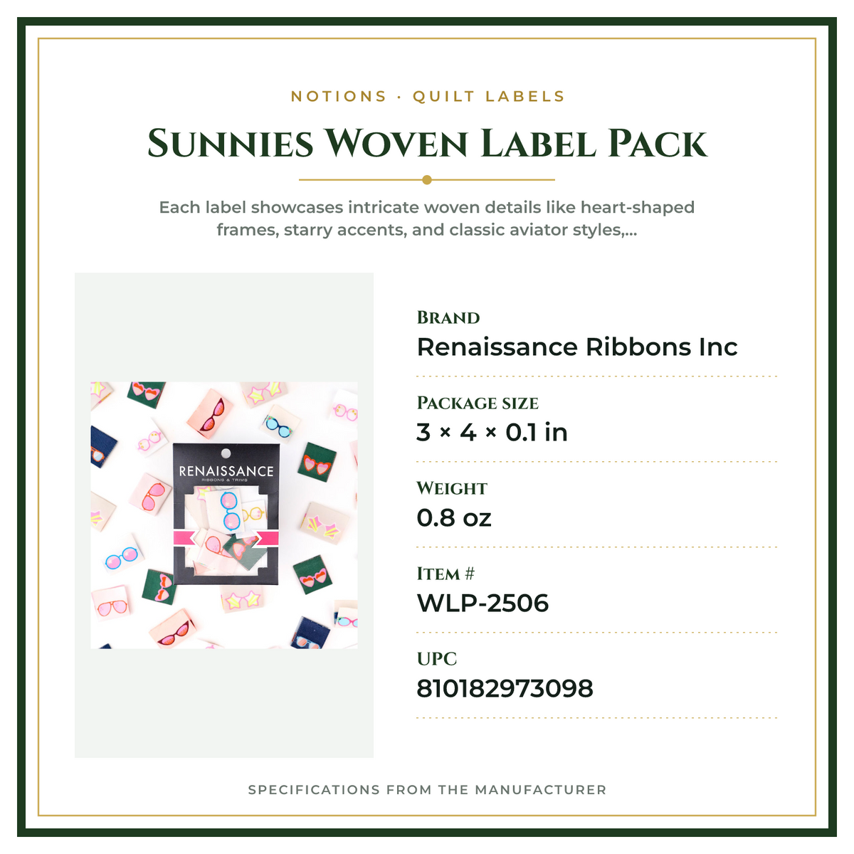 Product Specifications – Sunnies Woven Label Pack