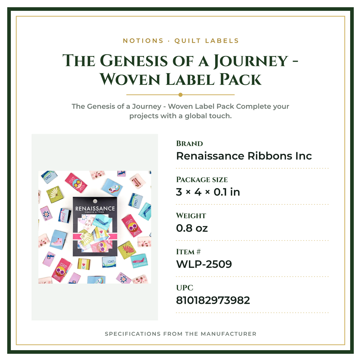 Product Specifications – The Genesis of a Journey - Woven Label Pack
