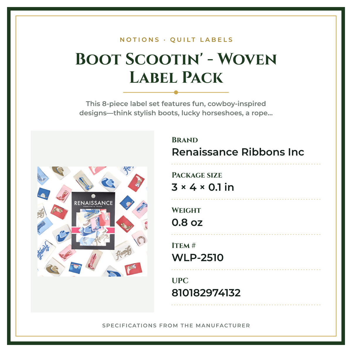Product Specifications – Boot Scootin' - Woven Label Pack