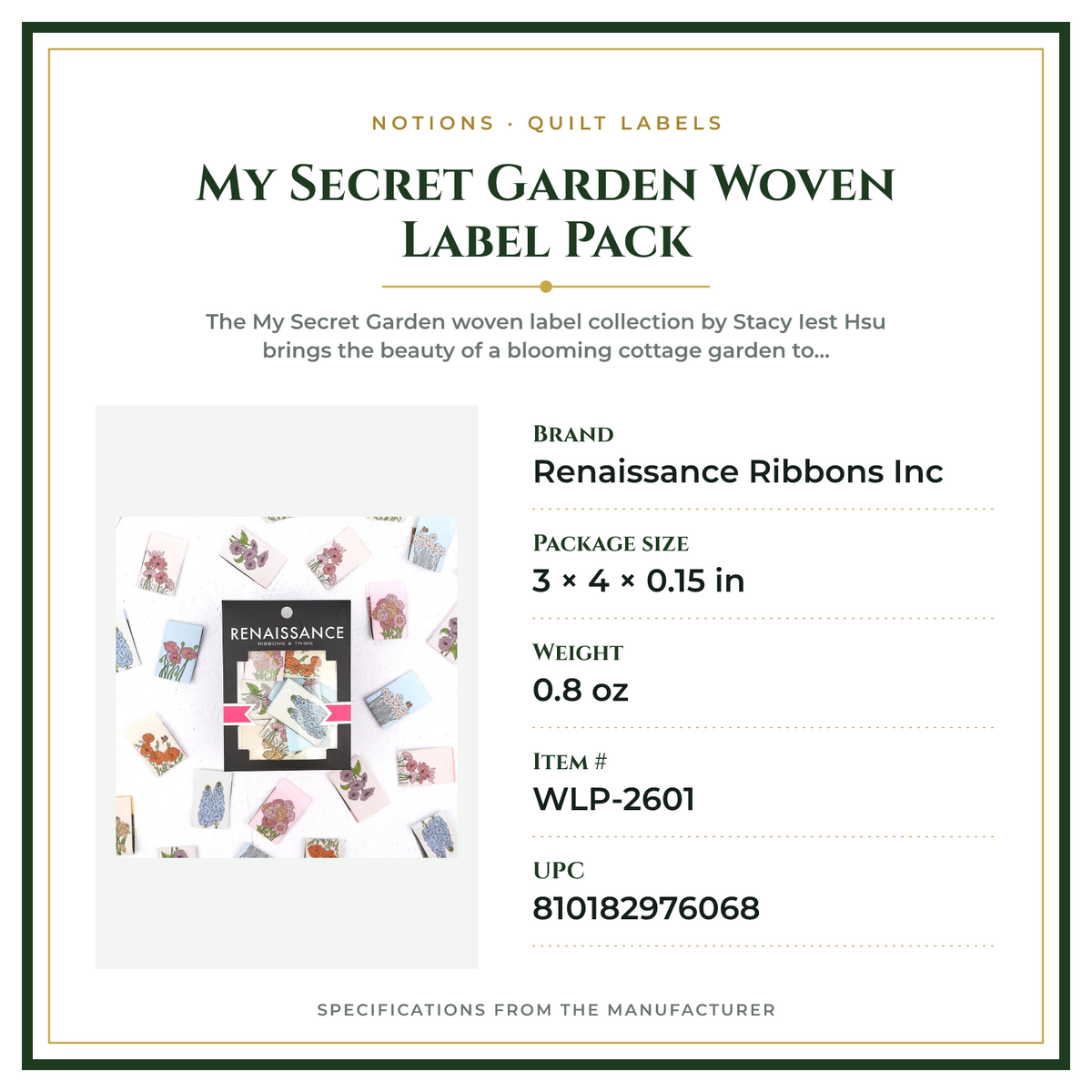 Product Specifications – My Secret Garden Woven Label Pack