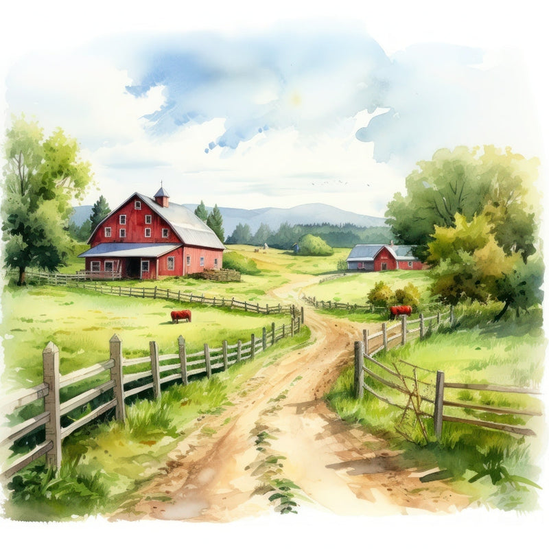 Watercolor Farm Life Fabric Panel 18
