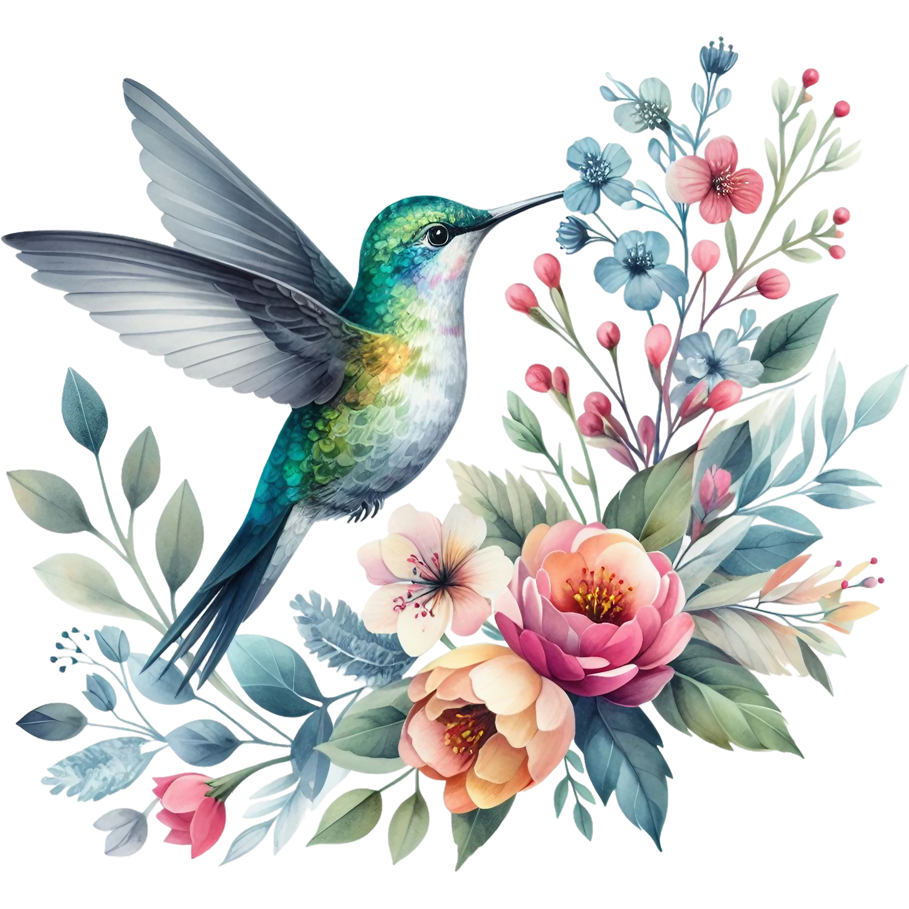 Watercolor Hummingbird Floral Fabric Panel 10