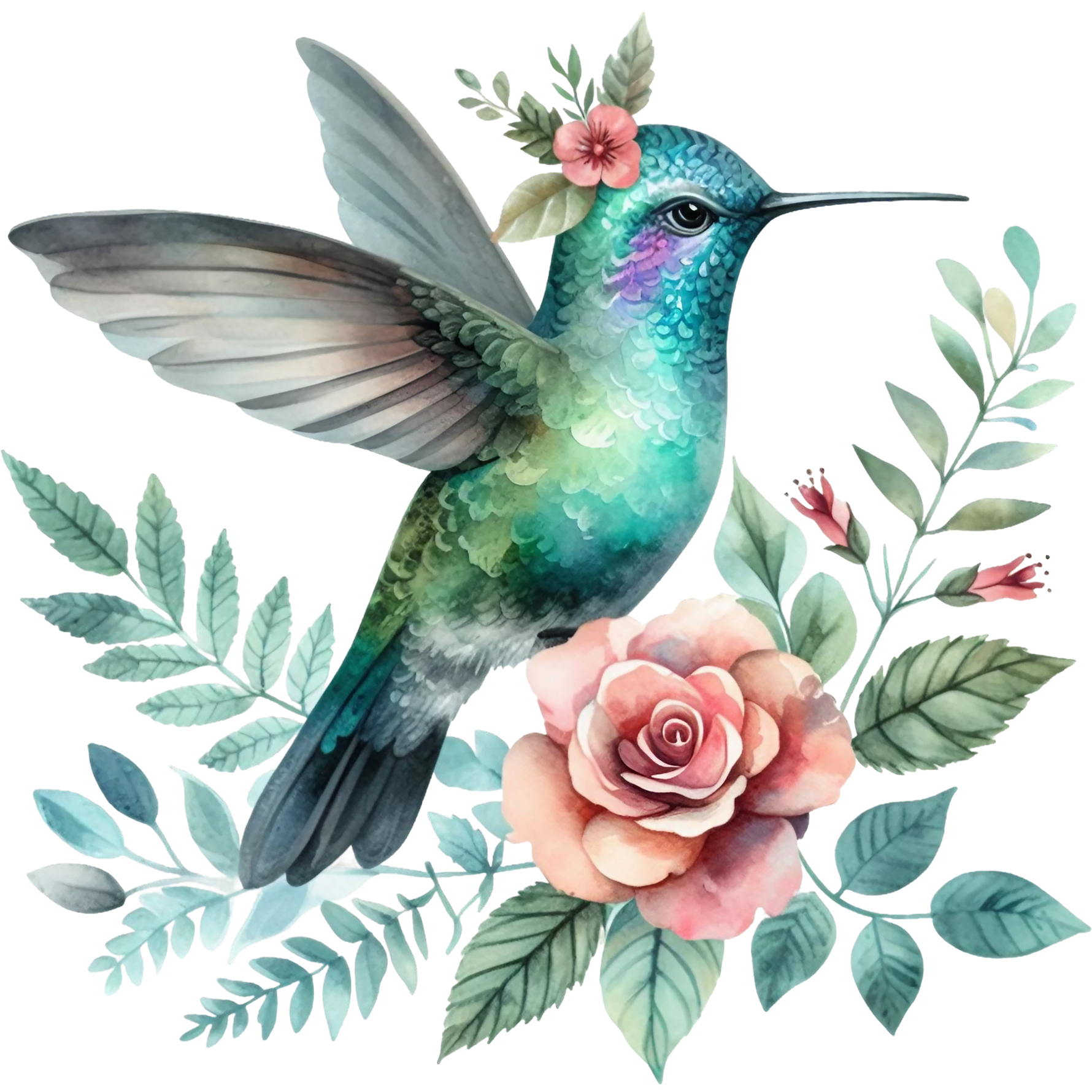Watercolor Hummingbird Floral Fabric Panel 17