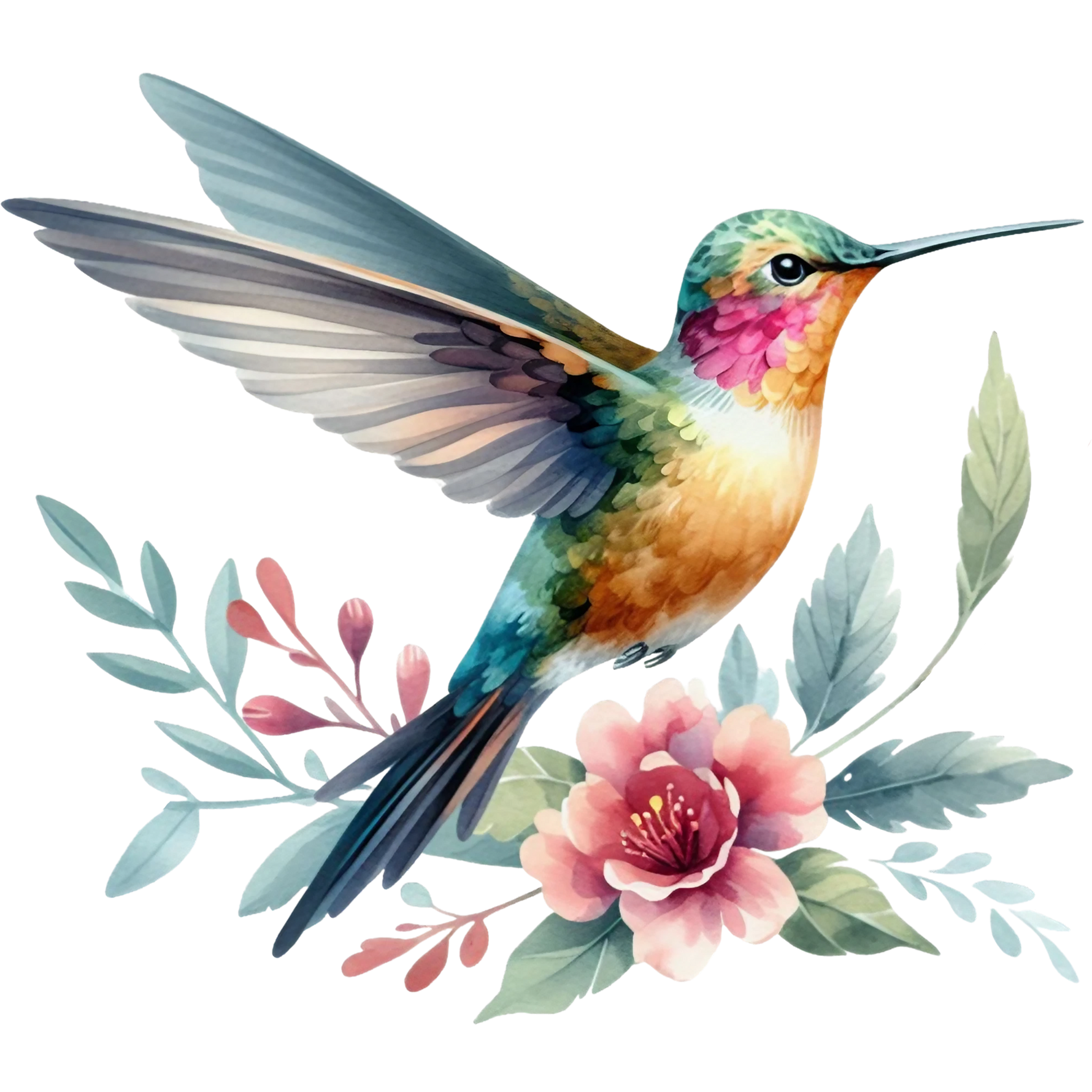 Watercolor Hummingbird Floral Fabric Panel 19