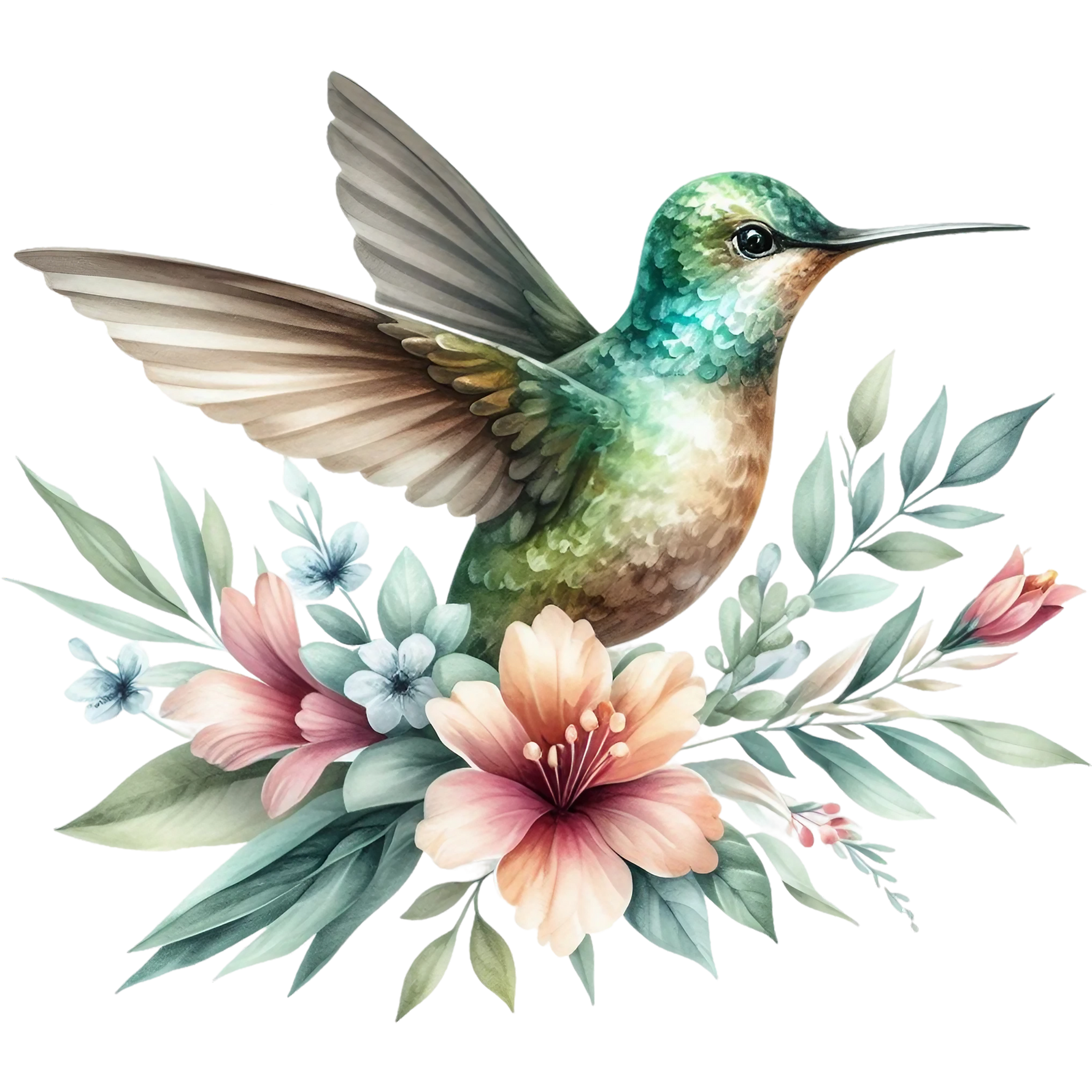 Watercolor Hummingbird Floral Fabric Panel 2