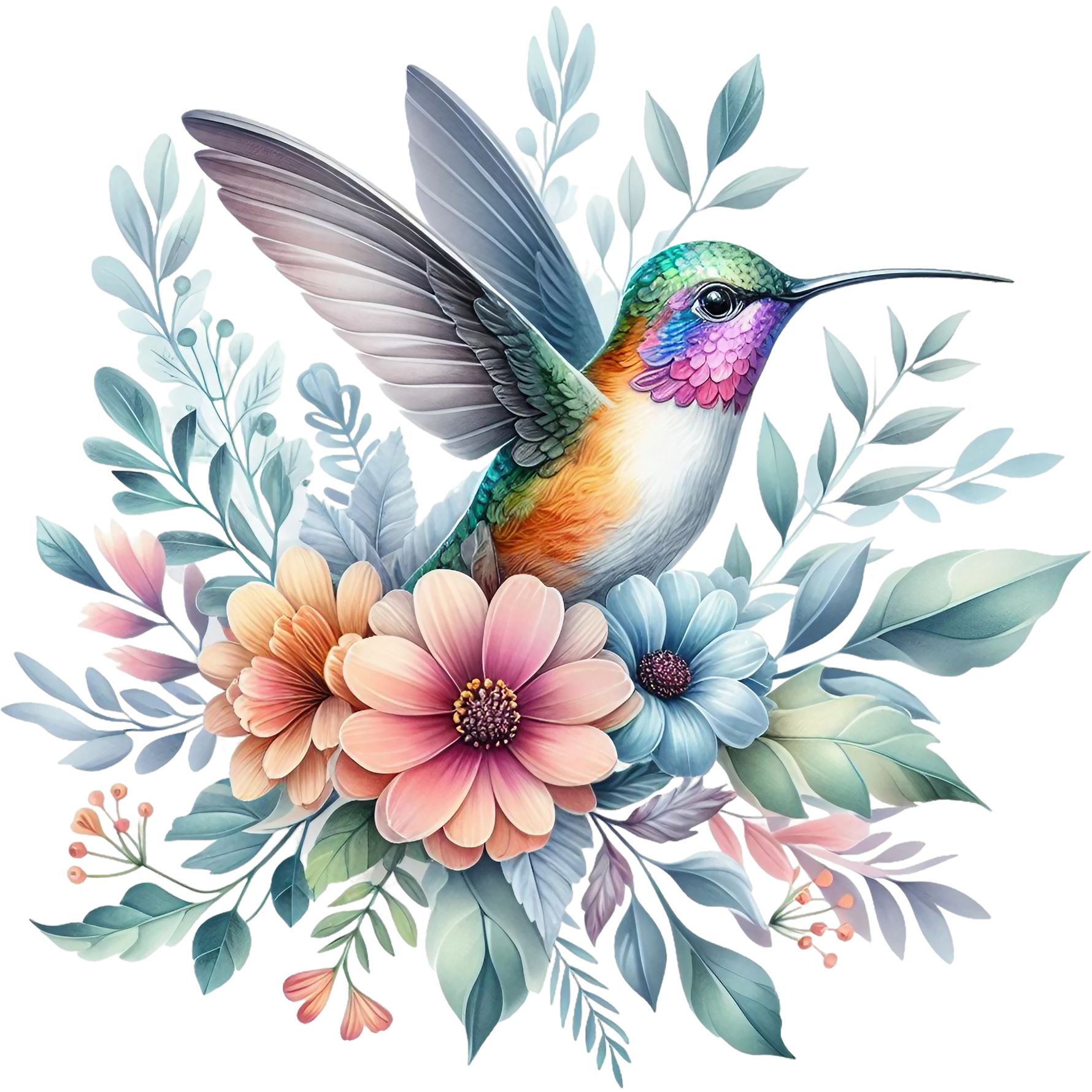 Watercolor Hummingbird Floral Fabric Panel 22