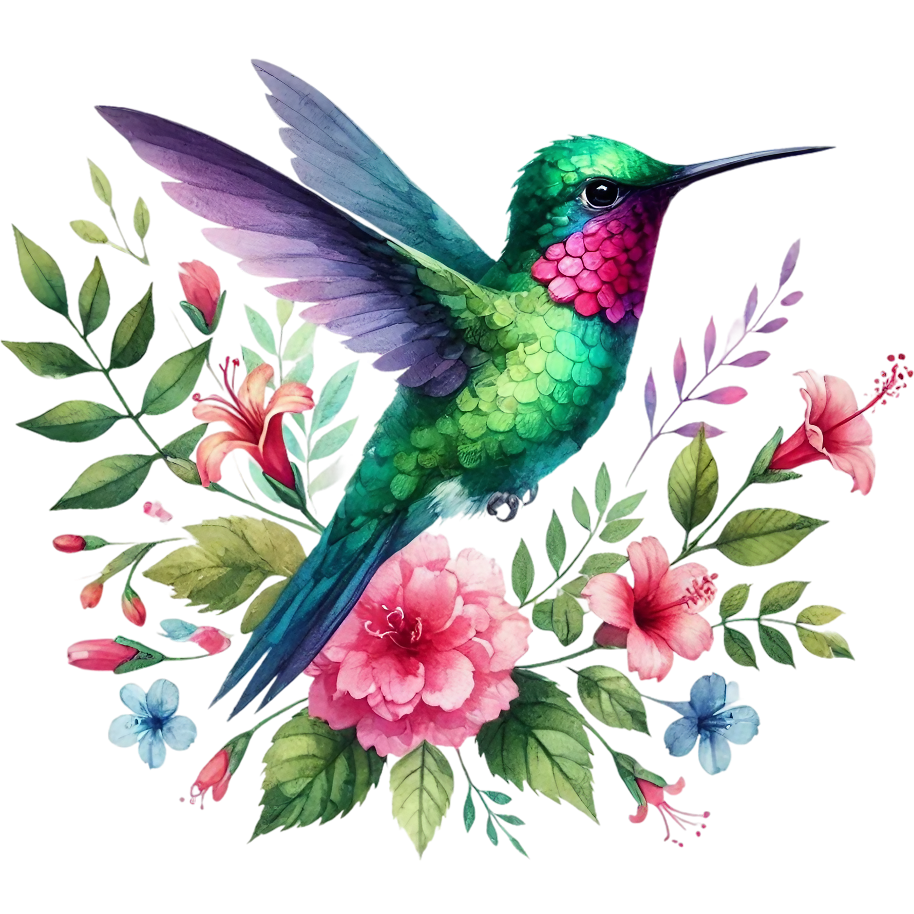 Watercolor Hummingbird Floral Fabric Panel 29
