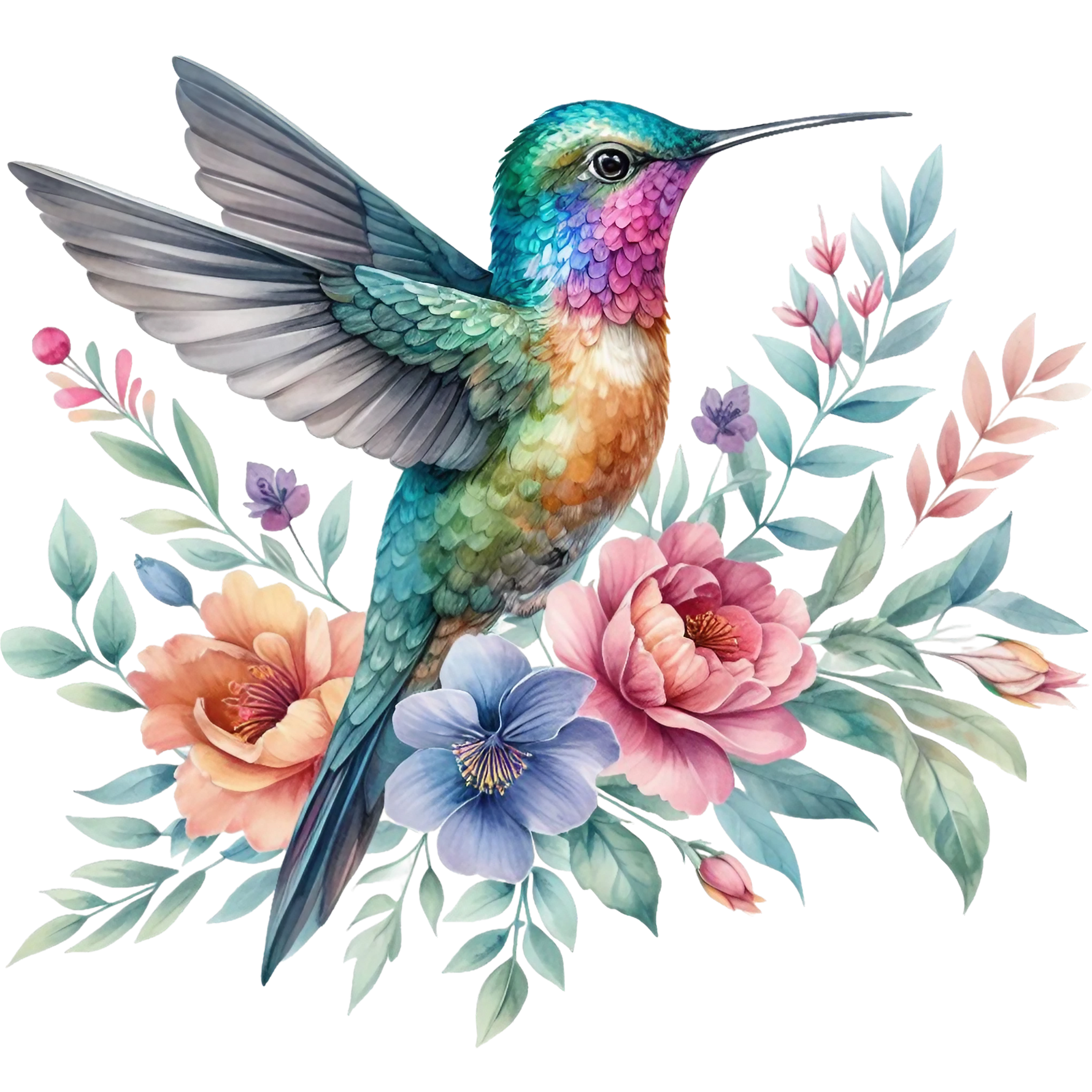 Watercolor Hummingbird Floral Fabric Panel 3