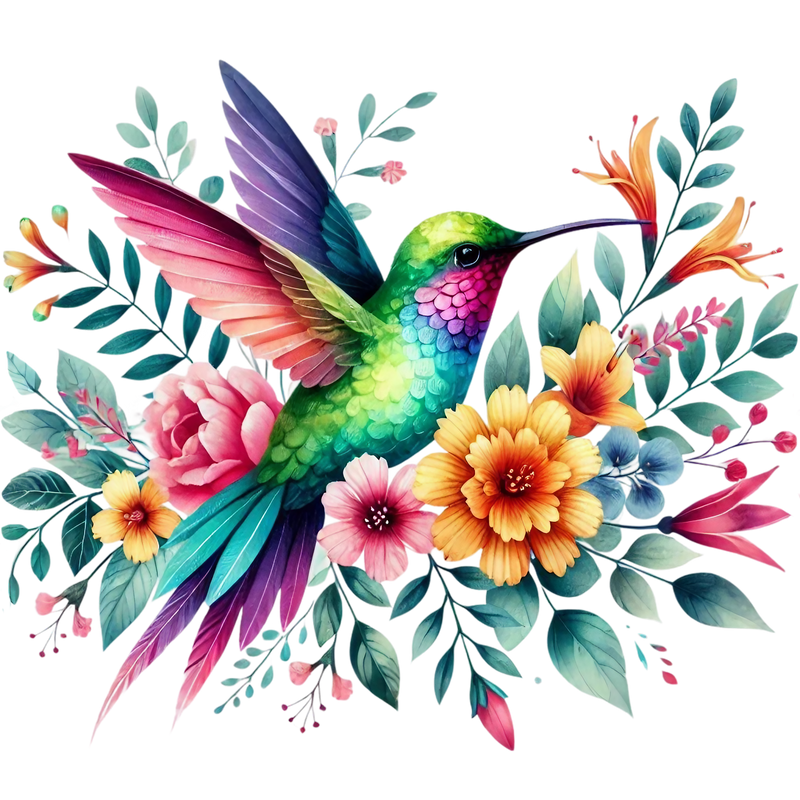 Watercolor Hummingbird Floral Fabric Panel 30