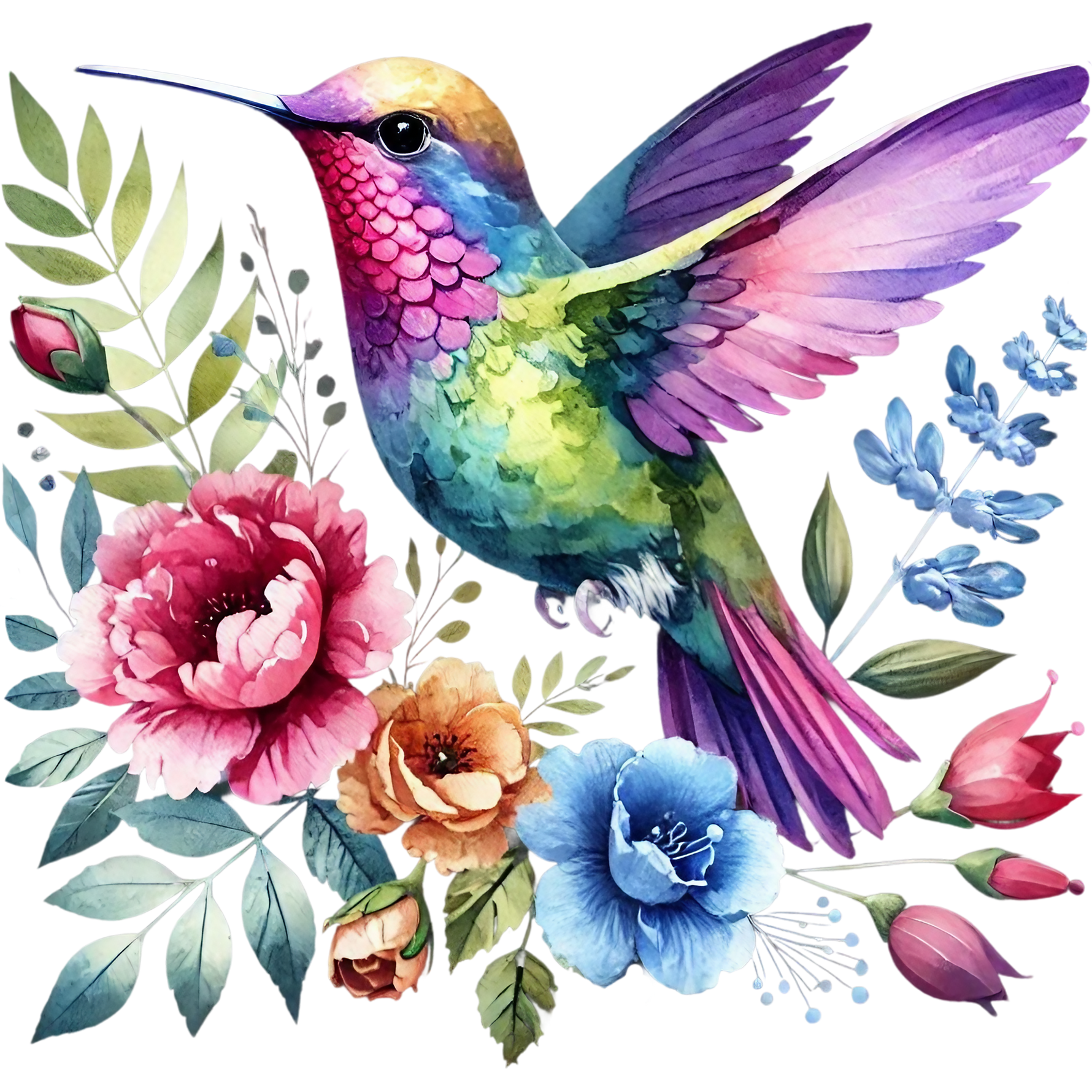 Watercolor Hummingbird Floral Fabric Panel 31