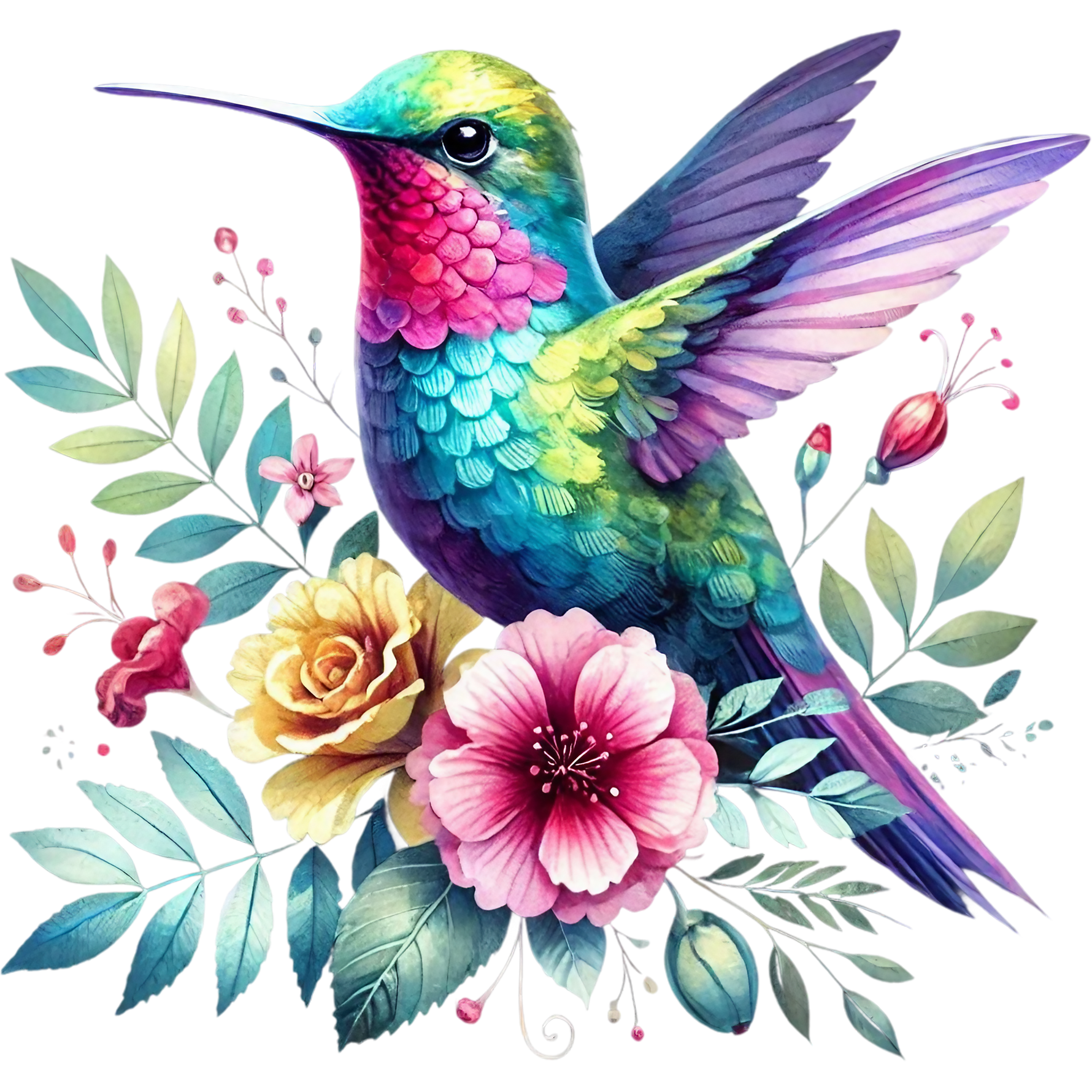 Watercolor Hummingbird Floral Fabric Panel 32