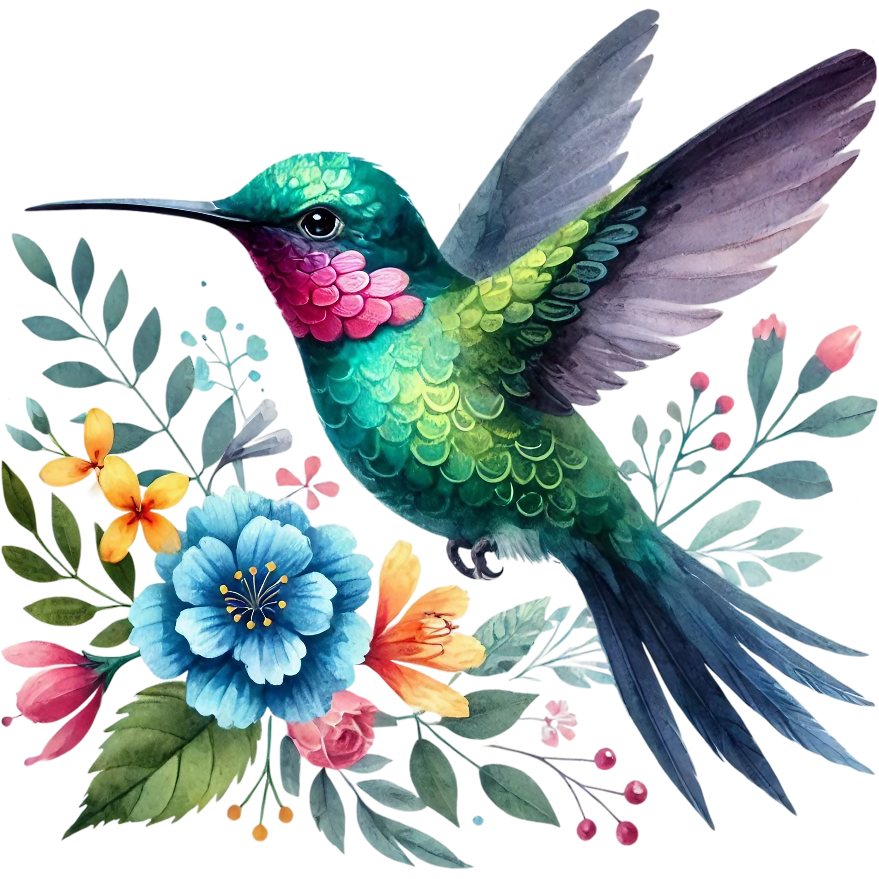 Watercolor Hummingbird Floral Fabric Panel 33