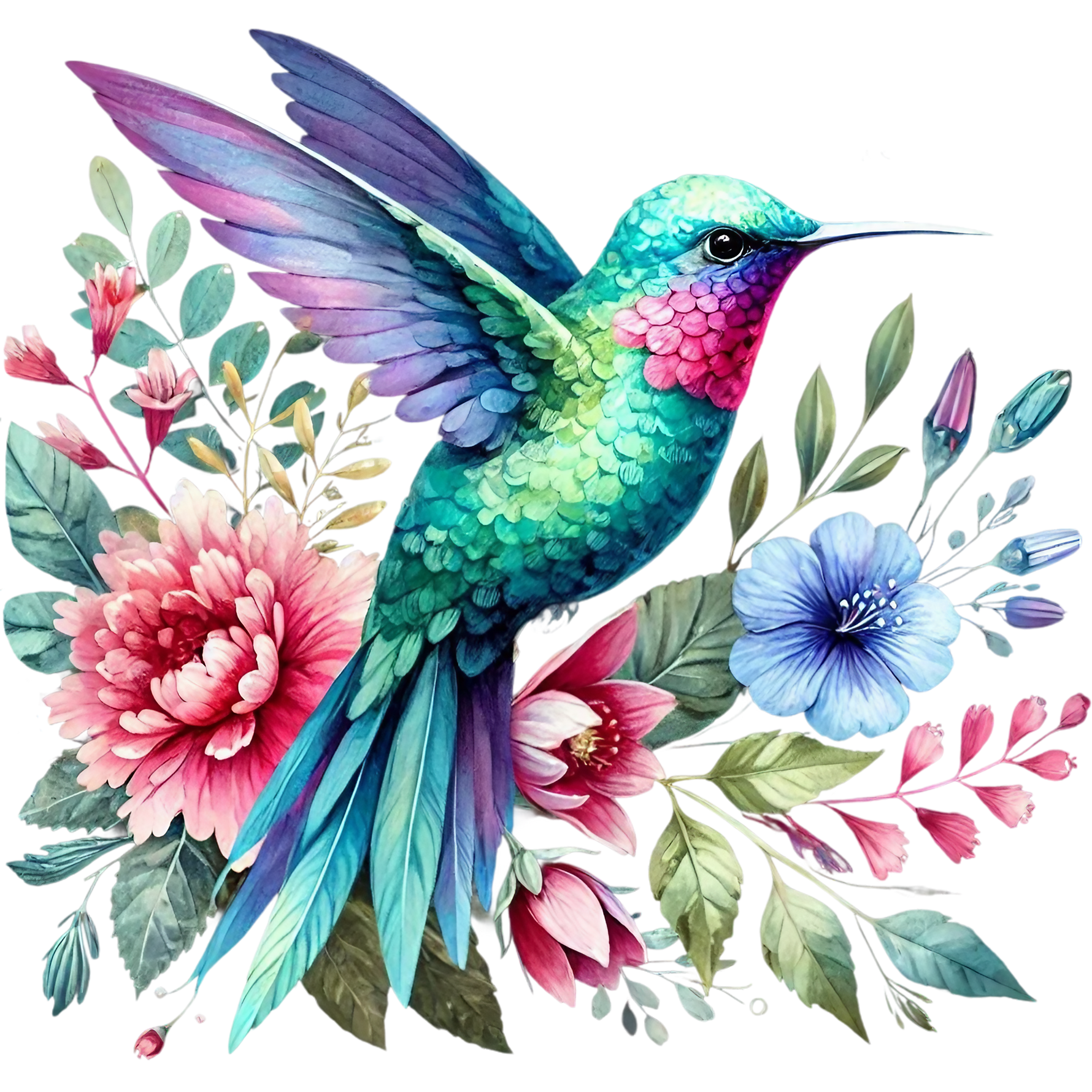 Watercolor Hummingbird Floral Fabric Panel 35