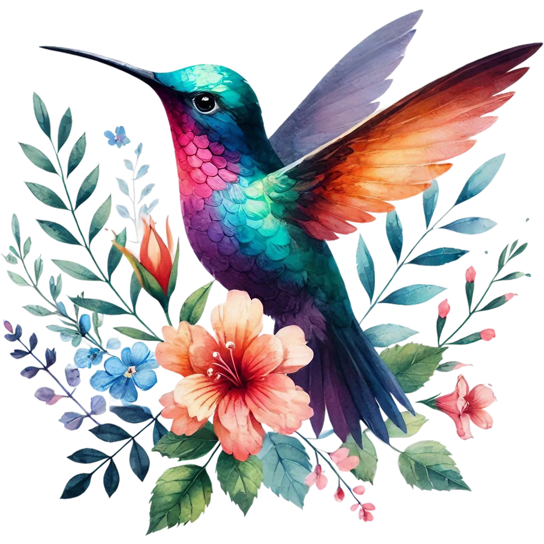 Watercolor Hummingbird Floral Fabric Panel 36