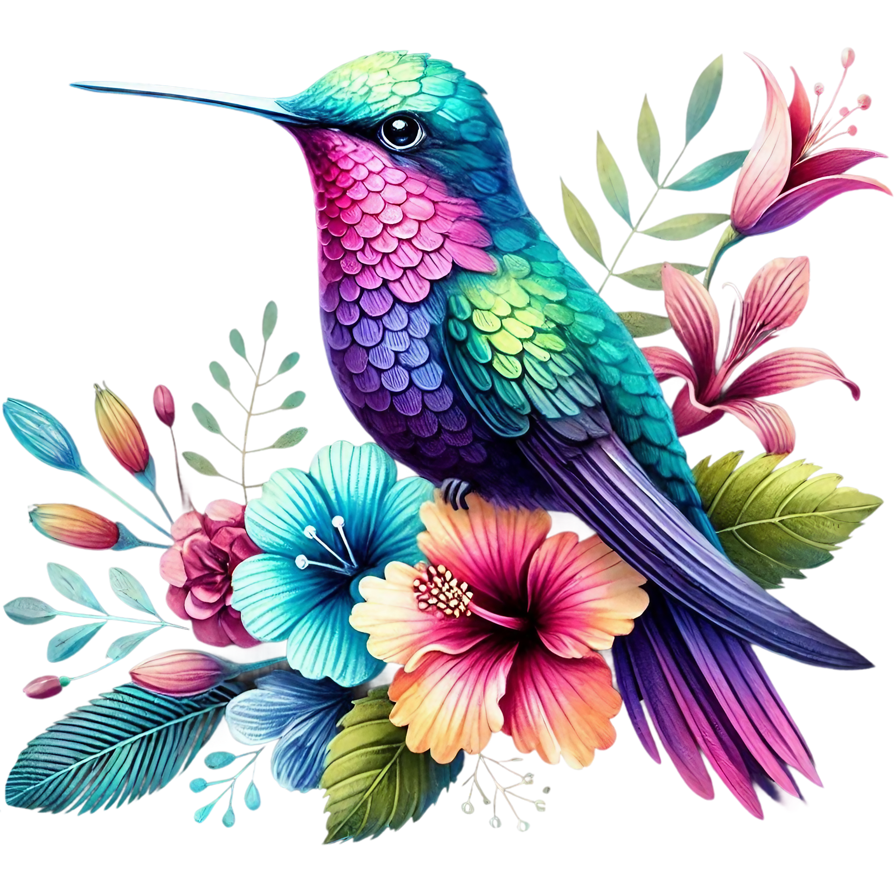 Watercolor Hummingbird Floral Fabric Panel 37