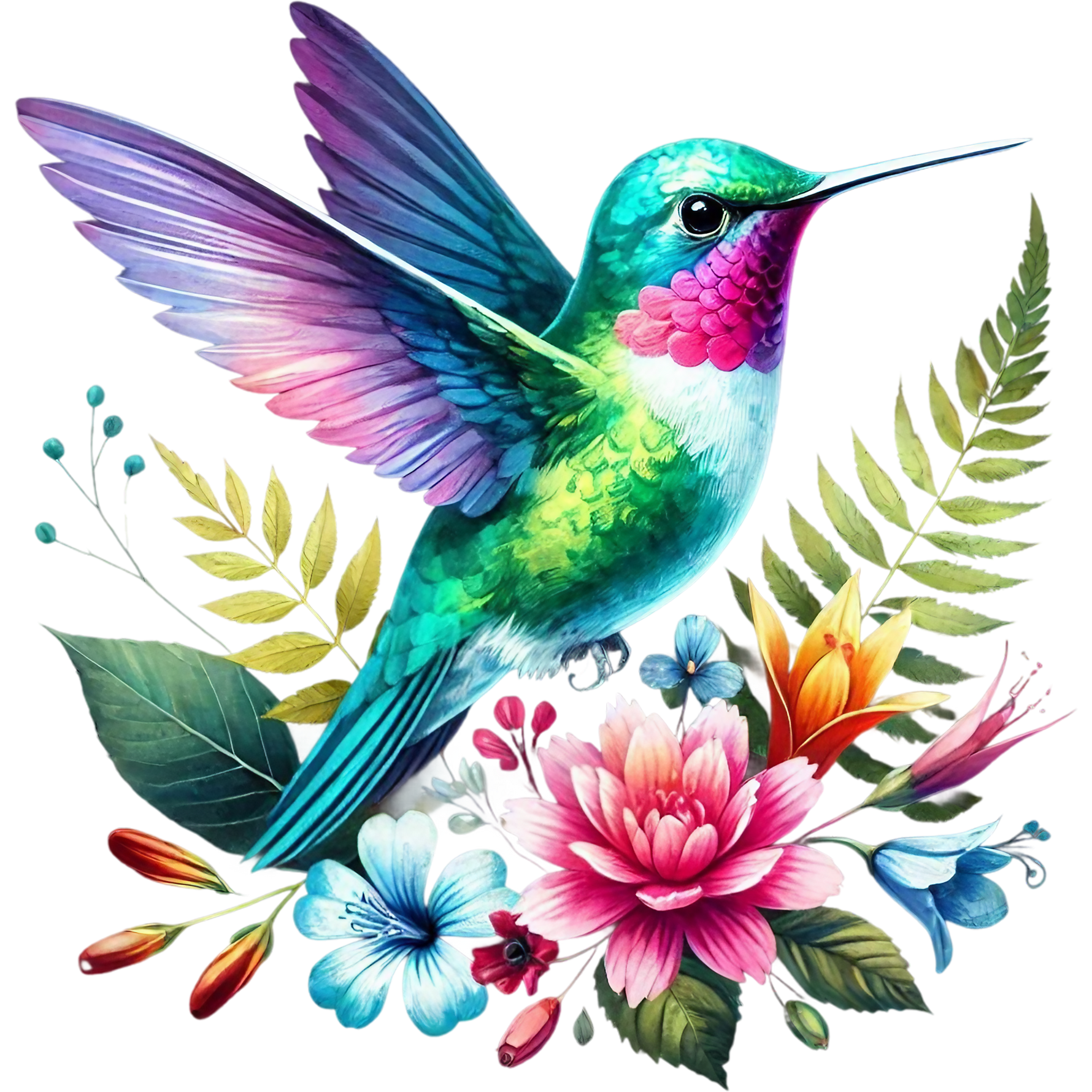 Watercolor Hummingbird Floral Fabric Panel 39