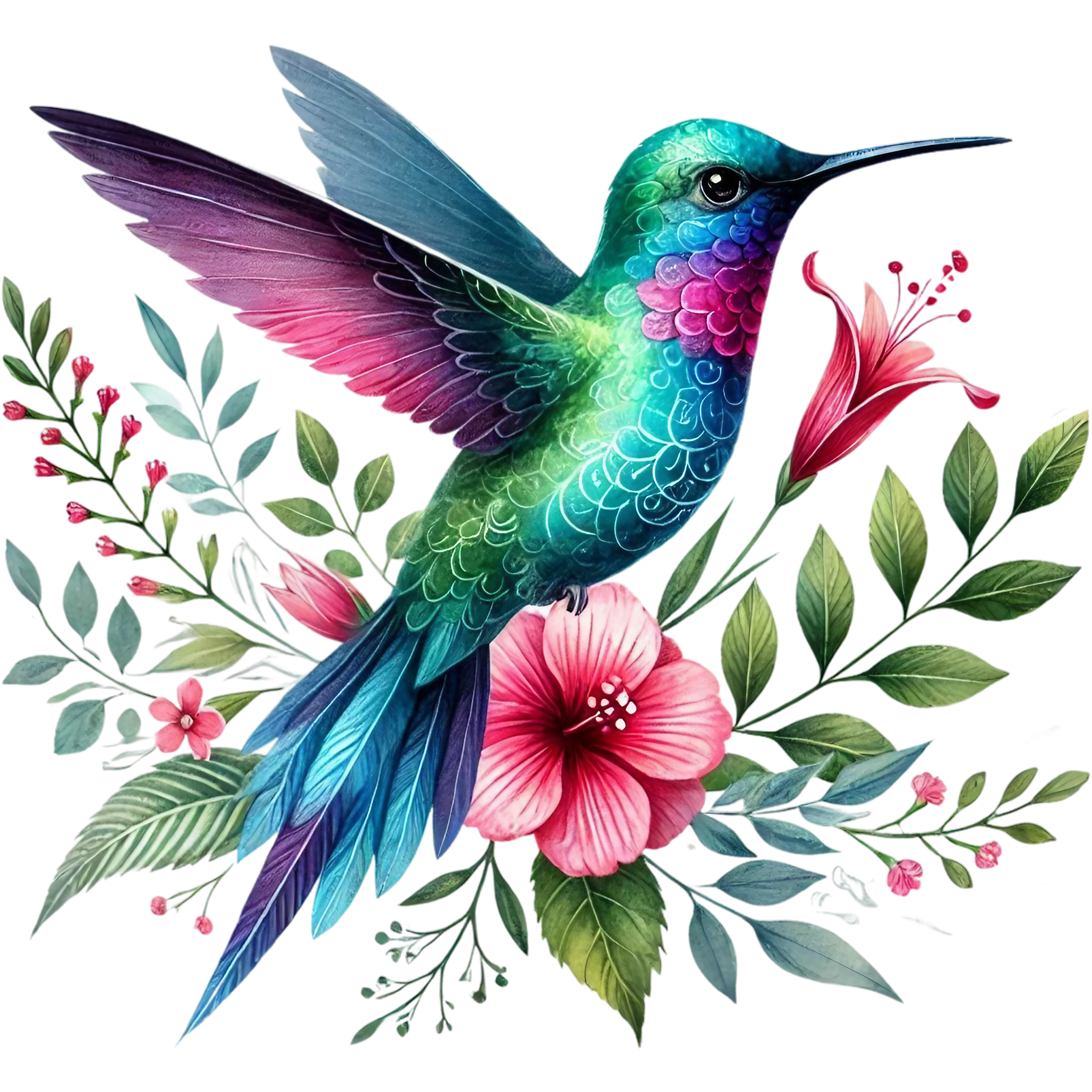 Watercolor Hummingbird Floral Fabric Panel 40