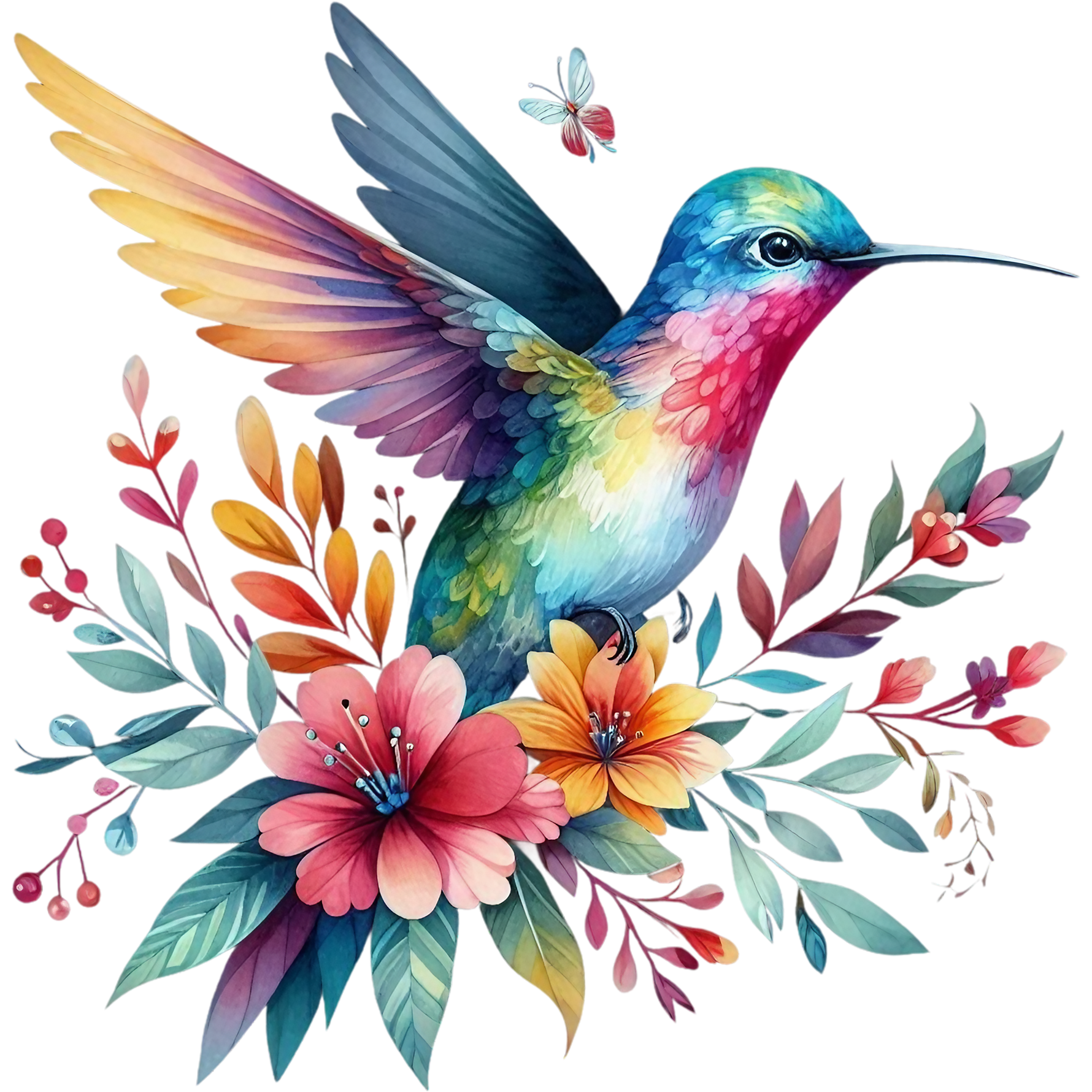Watercolor Hummingbird Floral Fabric Panel 41