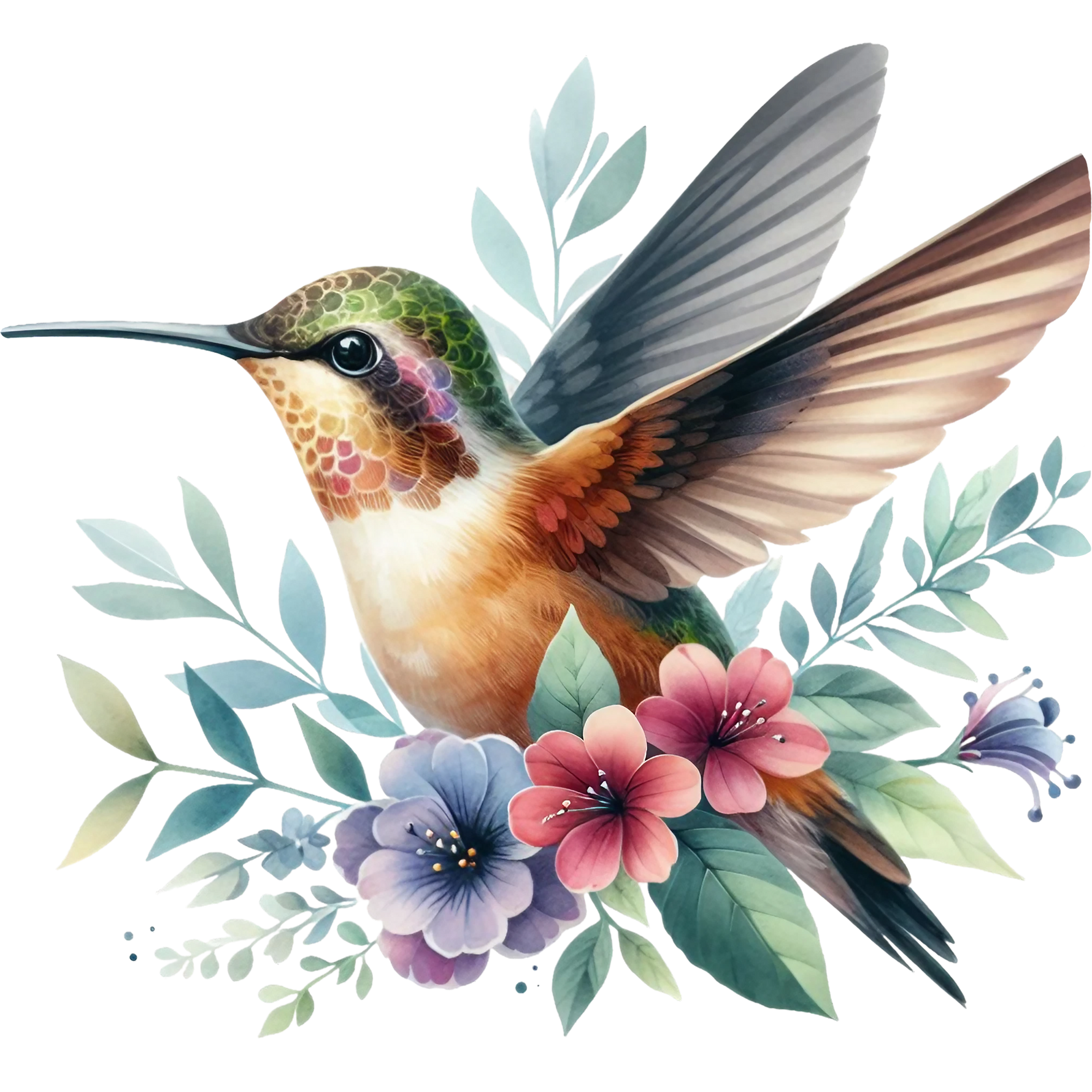 Watercolor Hummingbird Floral Fabric Panel 6