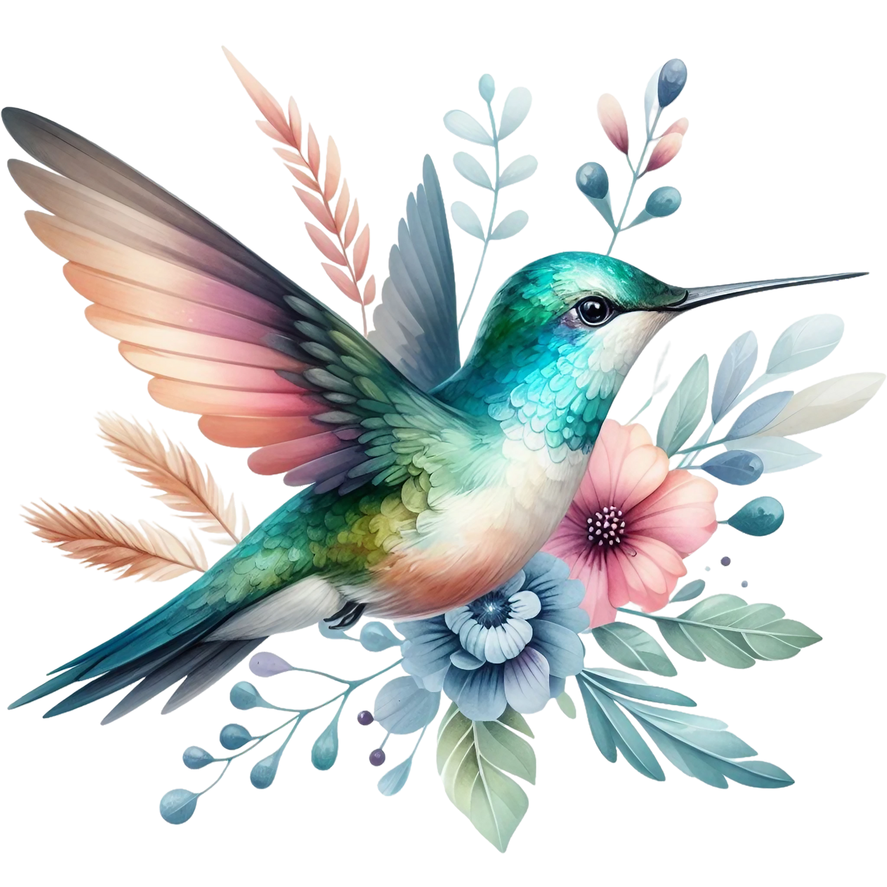 Watercolor Hummingbird Floral Fabric Panel 9