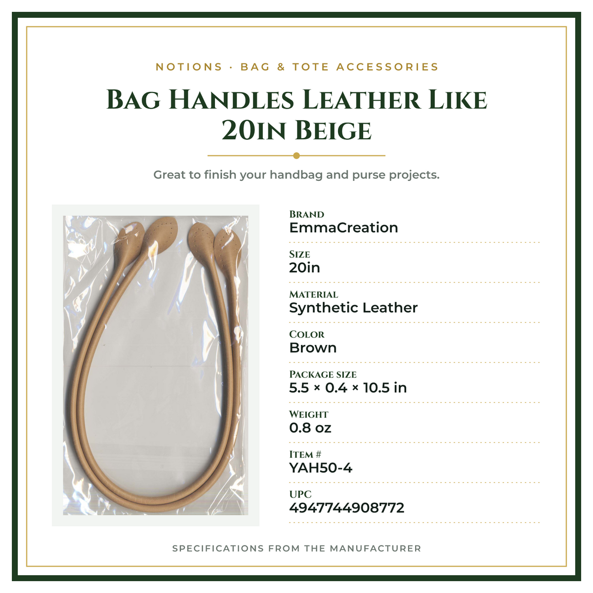 Product Specifications – Bag Handles Leather Like 20in Beige