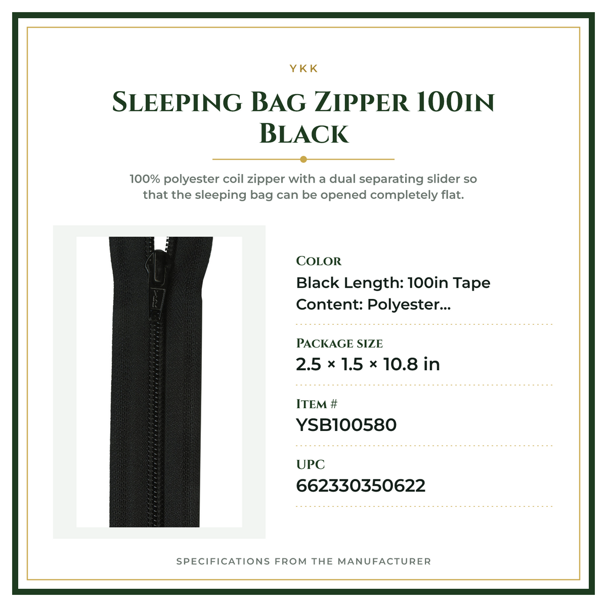 Product Specifications – Sleeping Bag Zipper 100in Black
