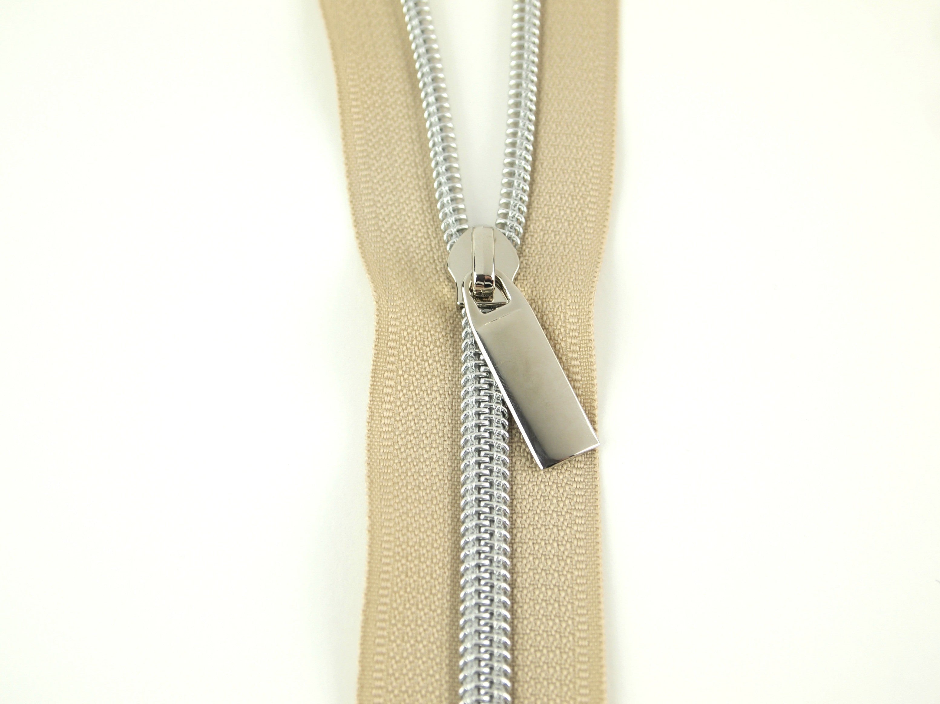 Beige #3 Nylon Nickel Coil Zippers: 3 Yards with 9 Pulls