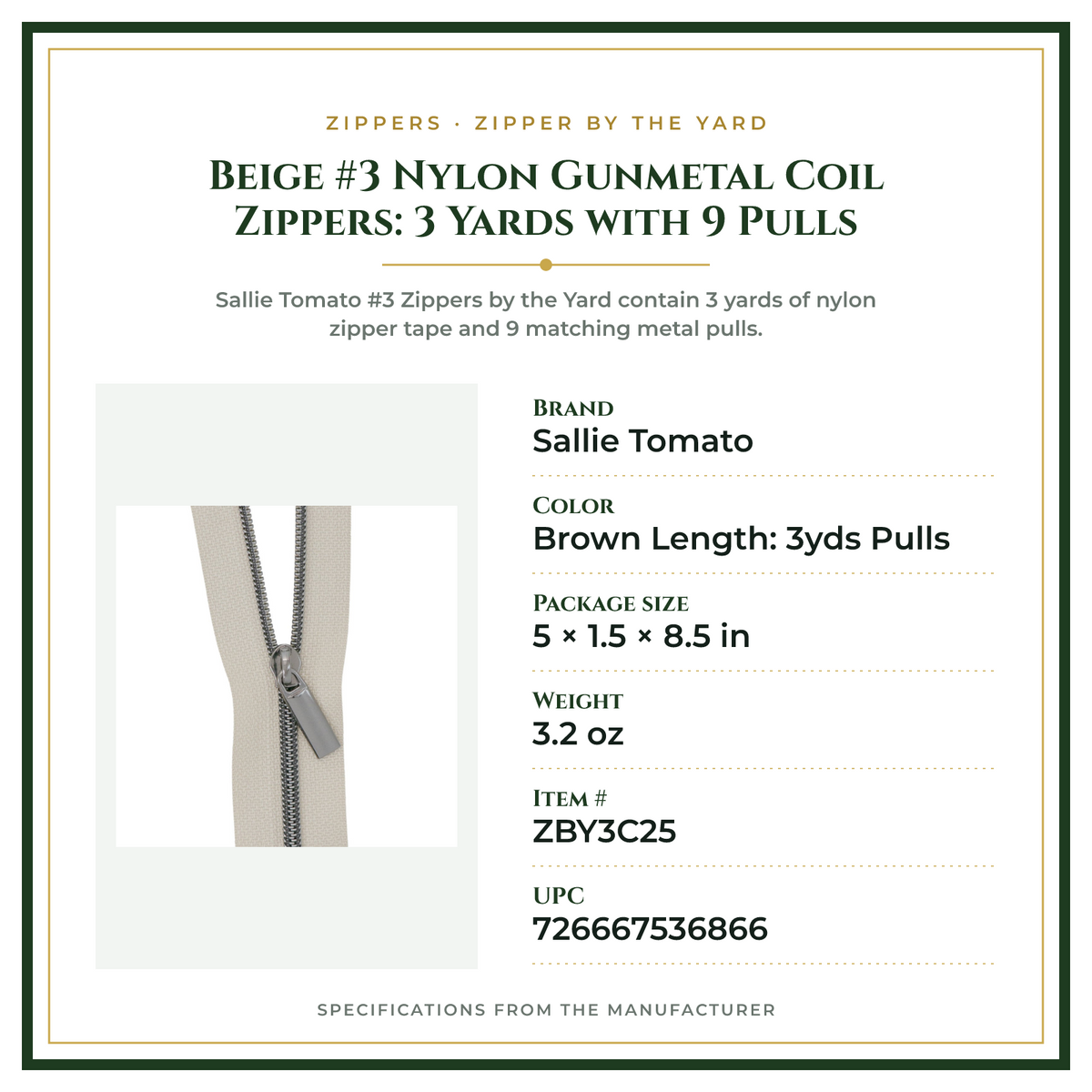 Product Specifications – Beige #3 Nylon Gunmetal Coil Zippers: 3 Yards with 9 Pulls