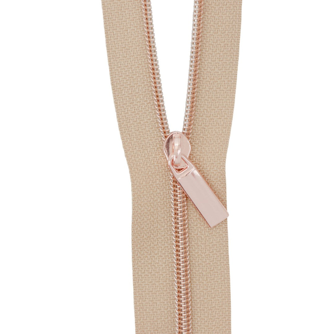 Natural #3 Nylon Rose Gold Coil Zippers: 3 Yards with 9 Pulls