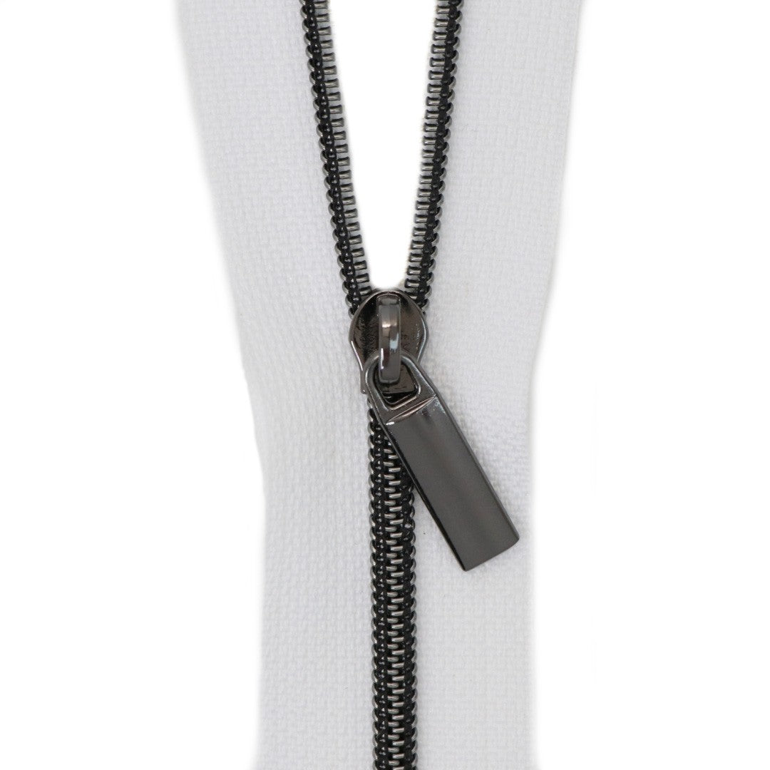 White #3 Nylon Gunmetal Coil Zippers: 3 Yards with 9 Pulls