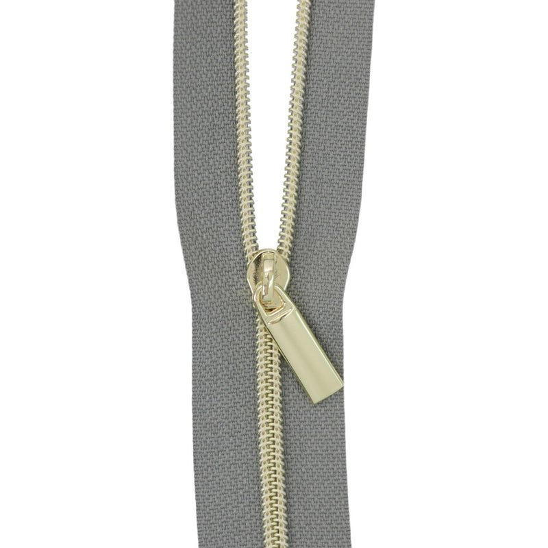 Grey #3 Nylon Gold Coil Zippers: 3 Yards with 9 Pulls