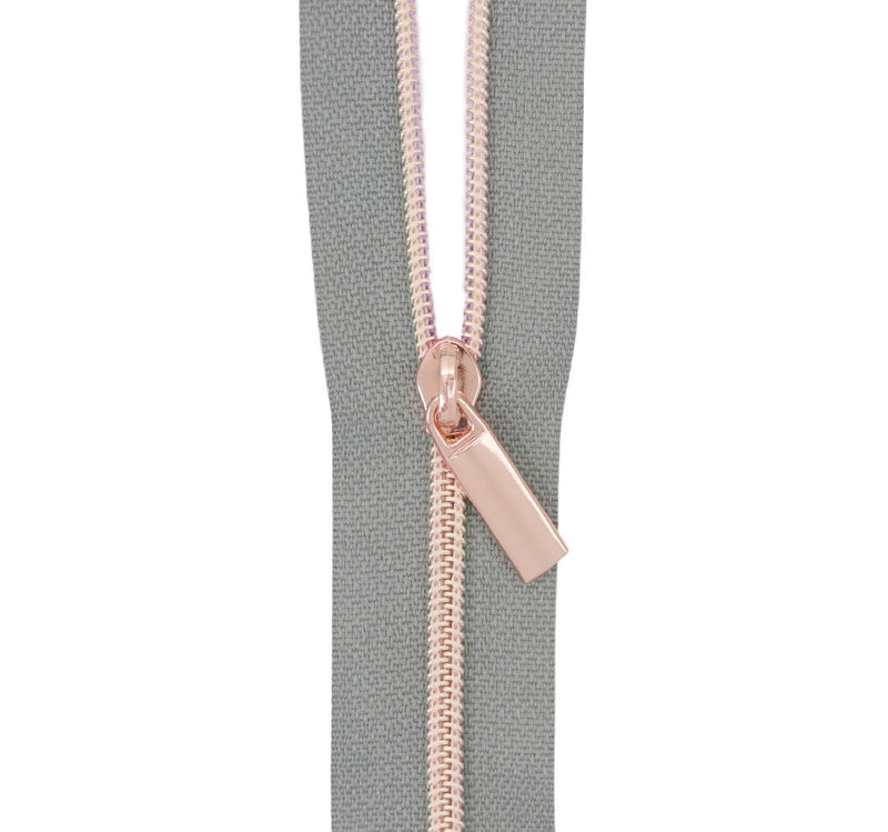 Grey #3 Nylon Rose Gold Coil Zippers: 3 Yards with 9 Pulls