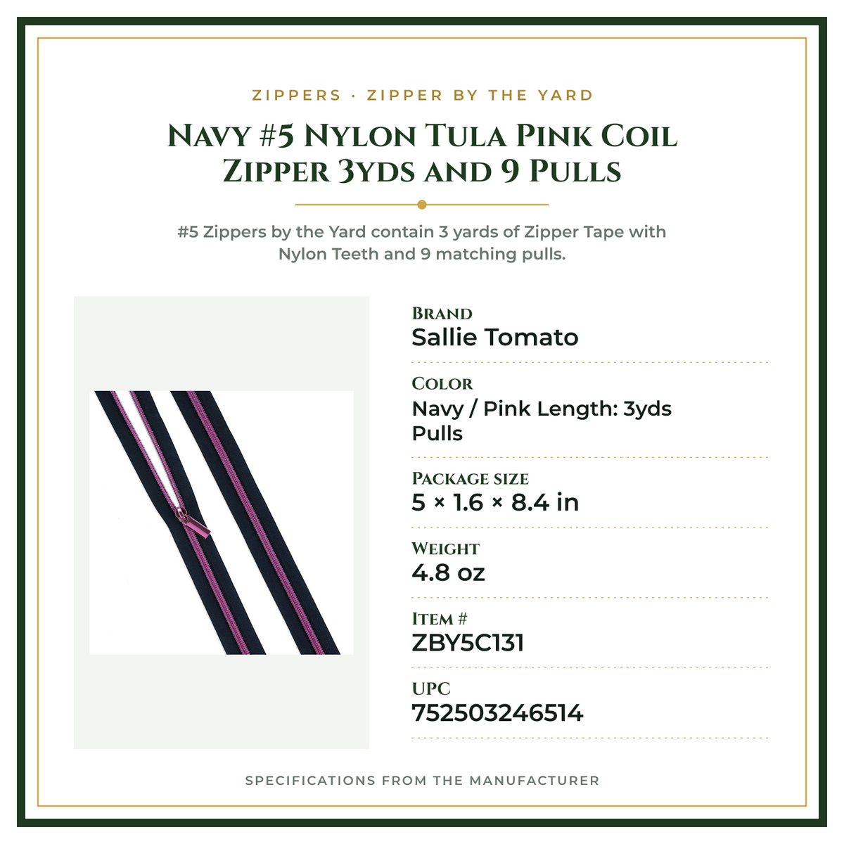 Product Specifications – Navy #5 Nylon Tula Pink Coil Zipper 3yds and 9 Pulls