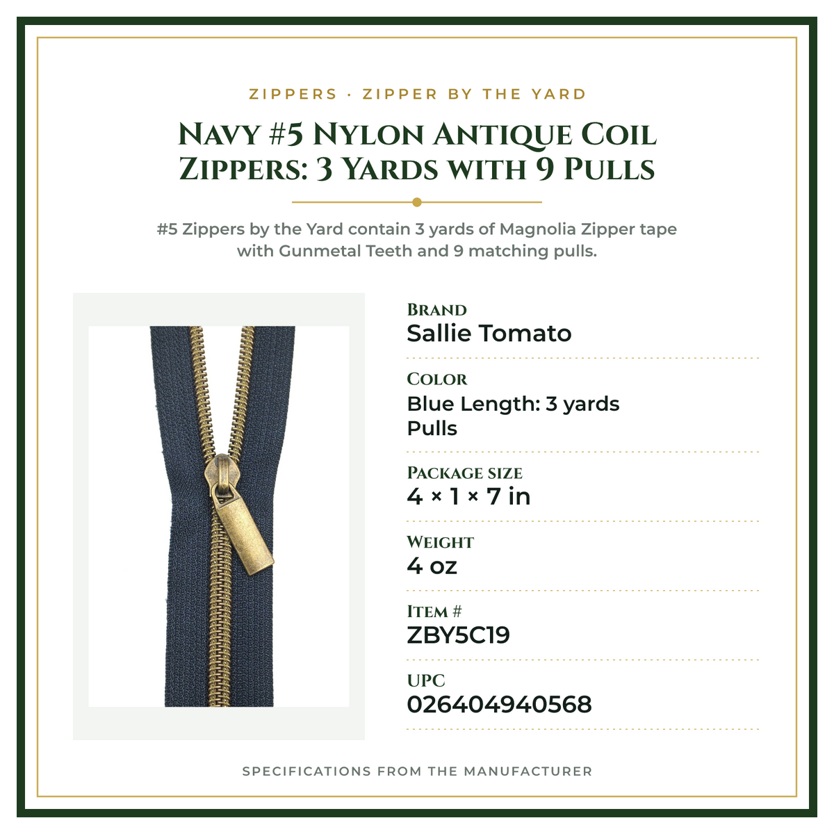 Product Specifications – Navy #5 Nylon Antique Coil Zippers: 3 Yards with 9 Pulls