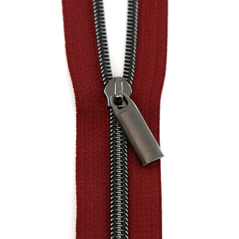 Burgundy #5 Nylon Gunmetal Coil Zippers: 3 Yards with 9 Pulls