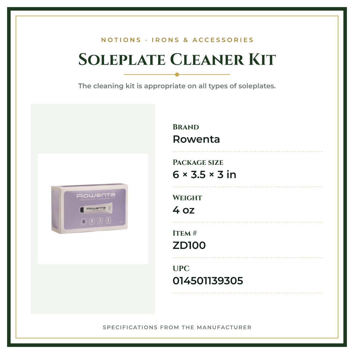 Product Specifications – Soleplate Cleaner Kit