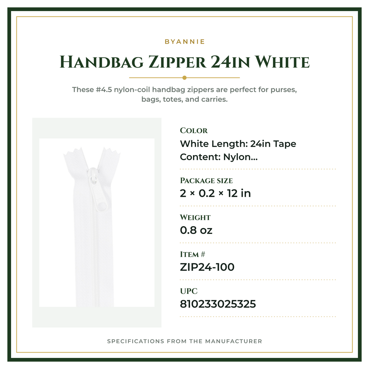 Product Specifications – Handbag Zipper 24in White