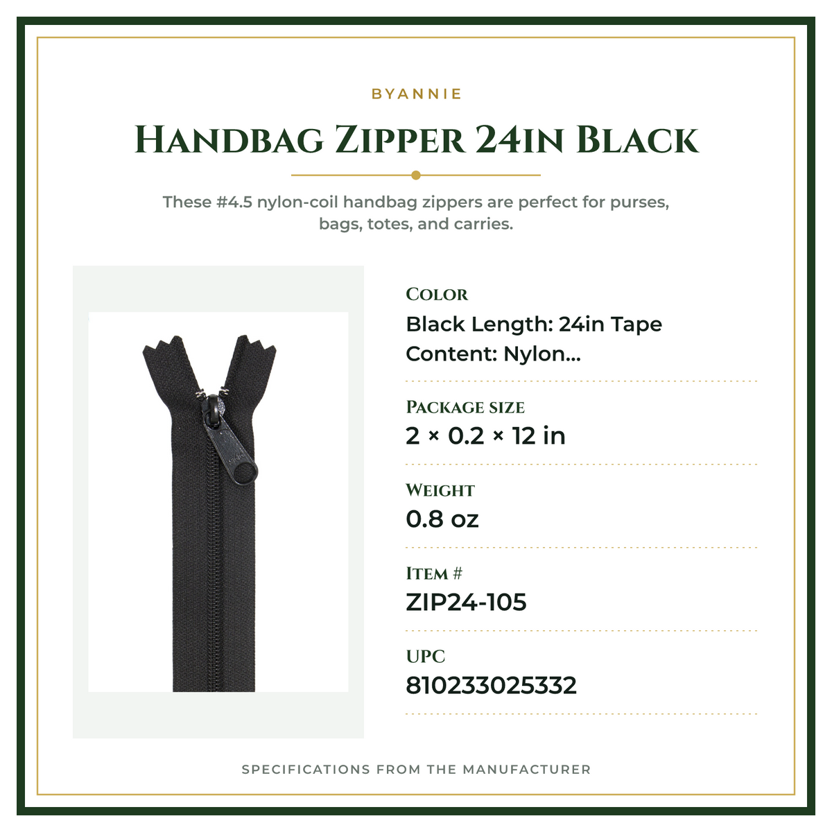 Product Specifications – Handbag Zipper 24in Black