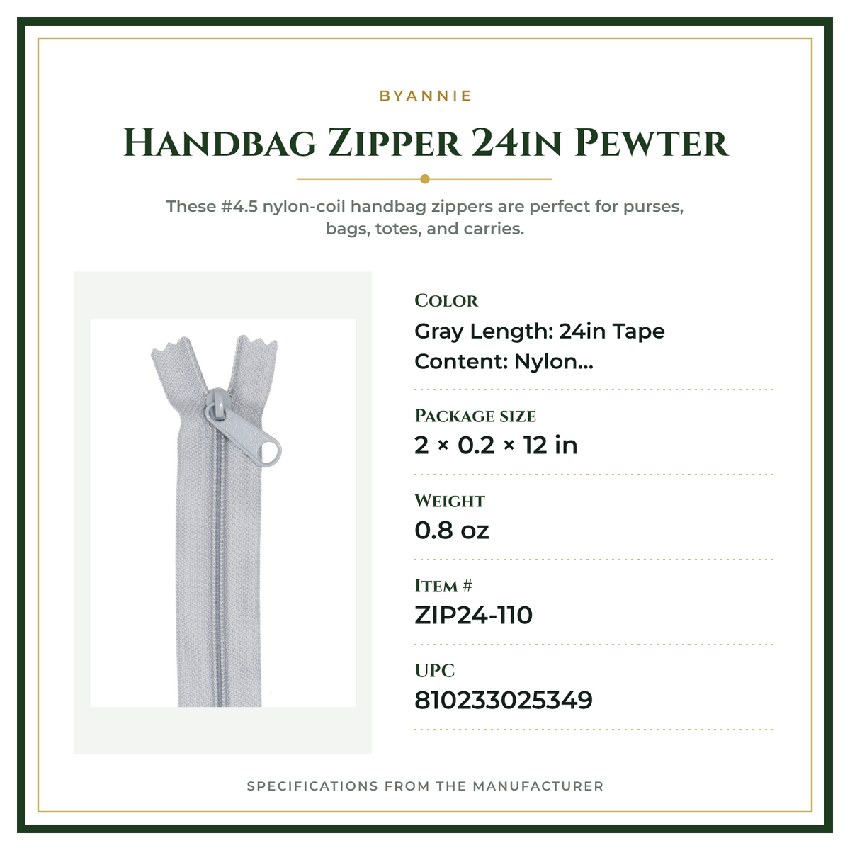 Product Specifications – Handbag Zipper 24in Pewter