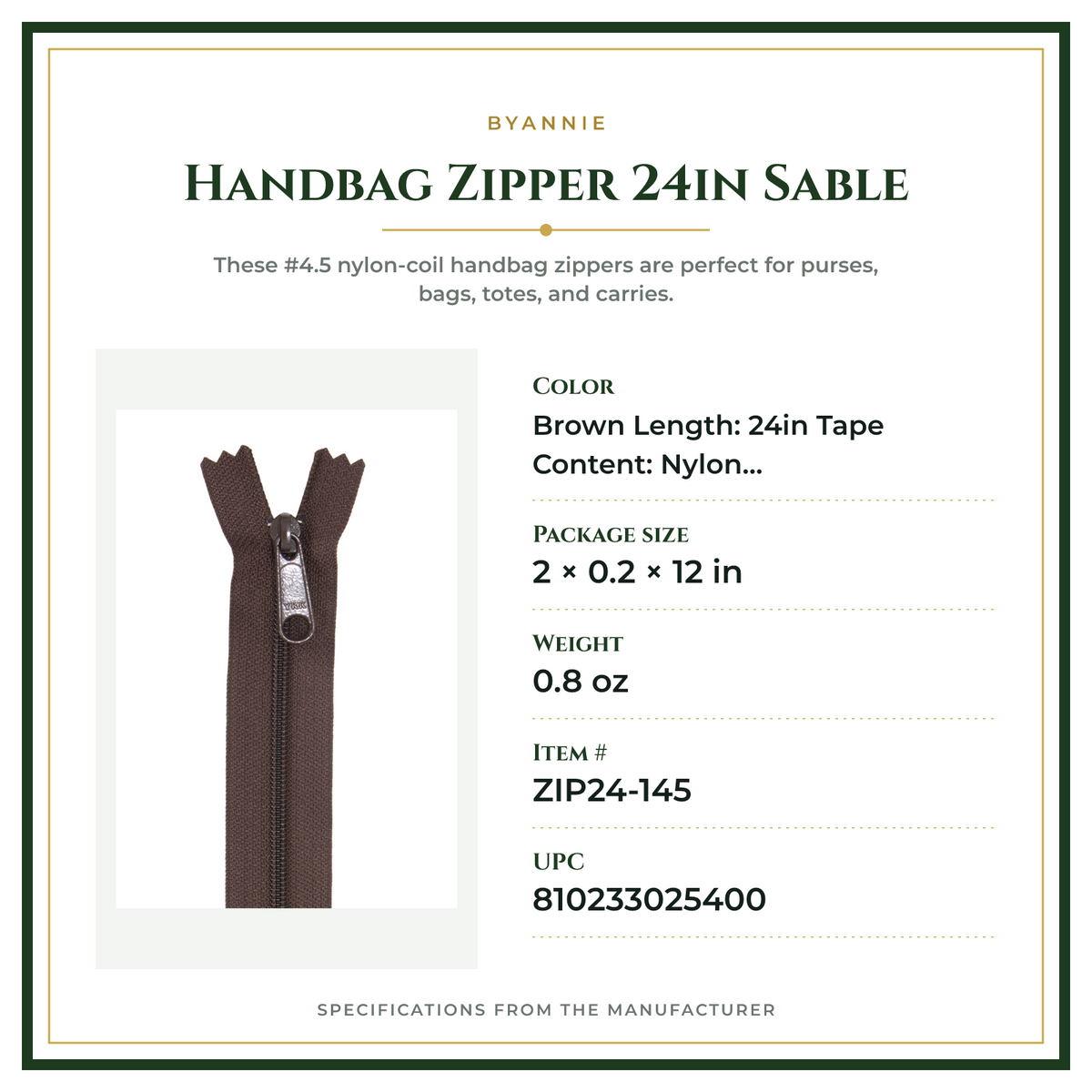 Product Specifications – Handbag Zipper 24in Sable