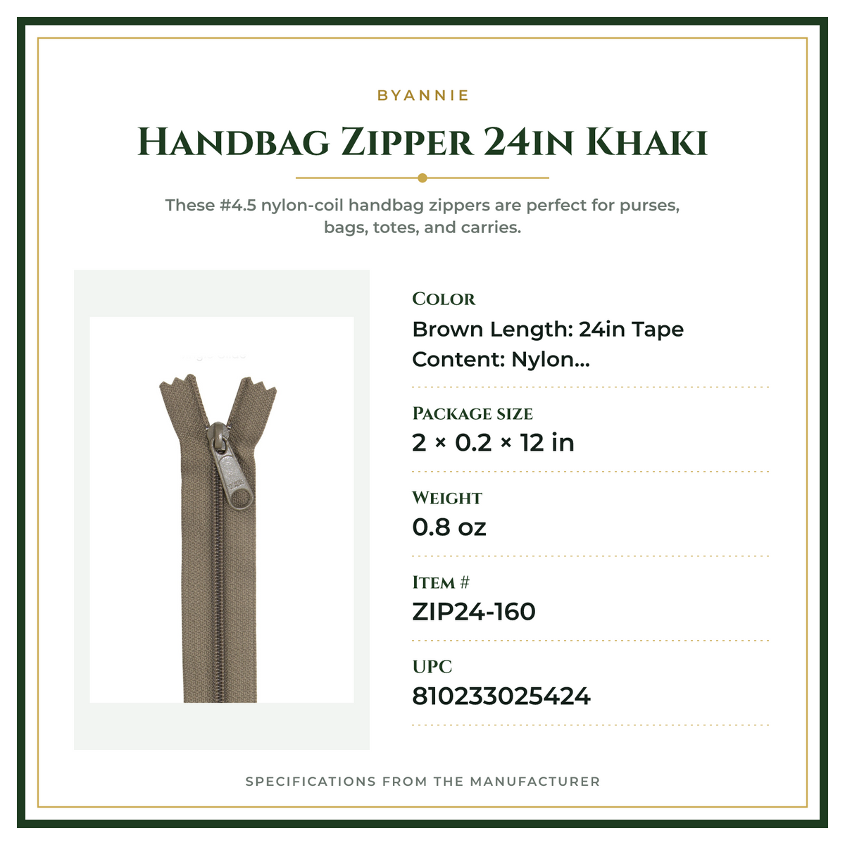 Product Specifications – Handbag Zipper 24in Khaki