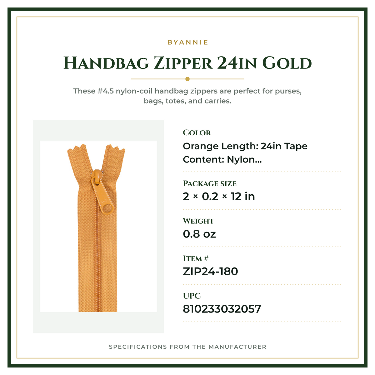 Product Specifications – Handbag Zipper 24in Gold