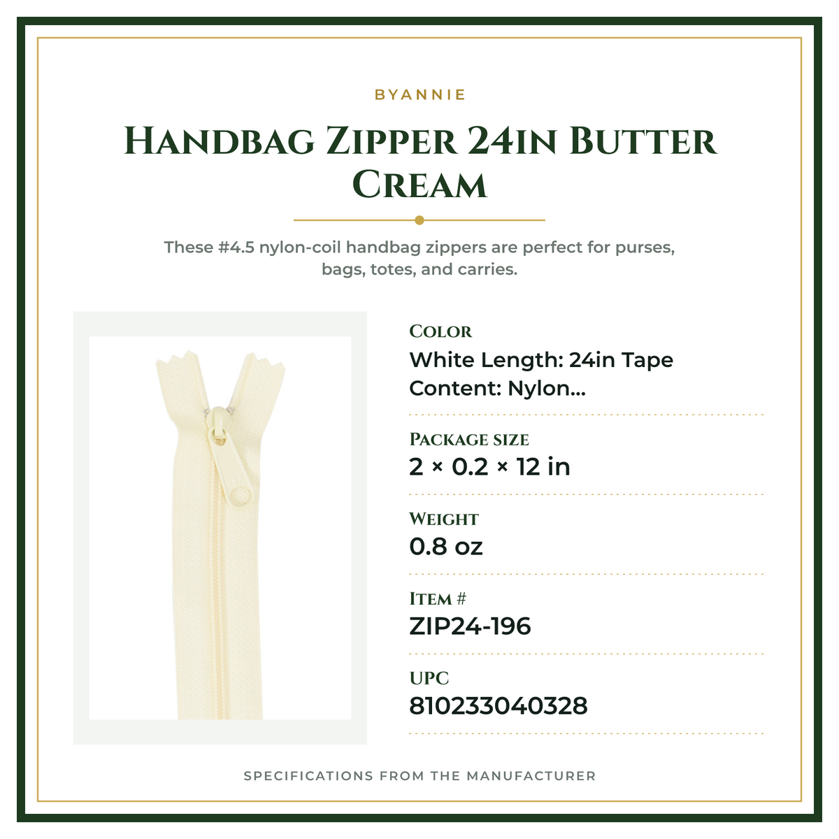 Product Specifications – Handbag Zipper 24in Butter Cream