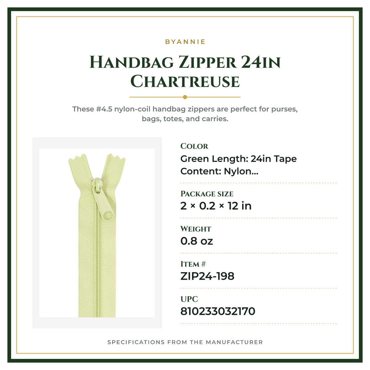 Product Specifications – Handbag Zipper 24in Chartreuse